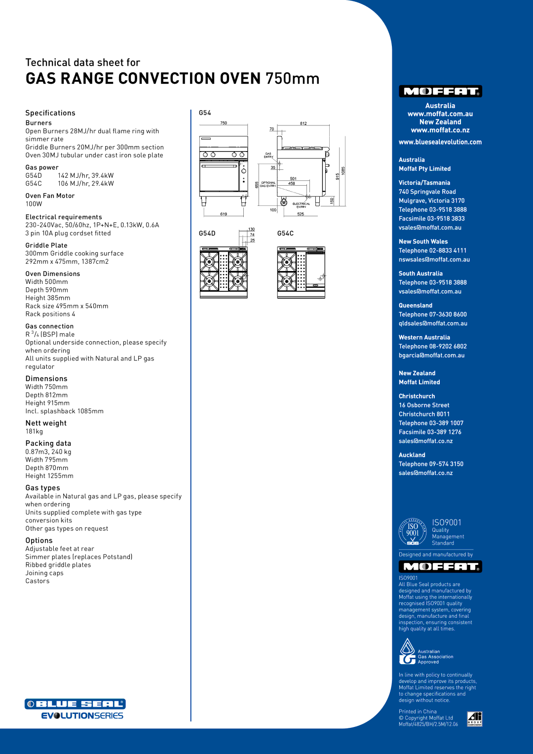 Moffat G54D, G54C manual Specifications, Dimensions, Nett weight, Packing data, Gas types, Options 