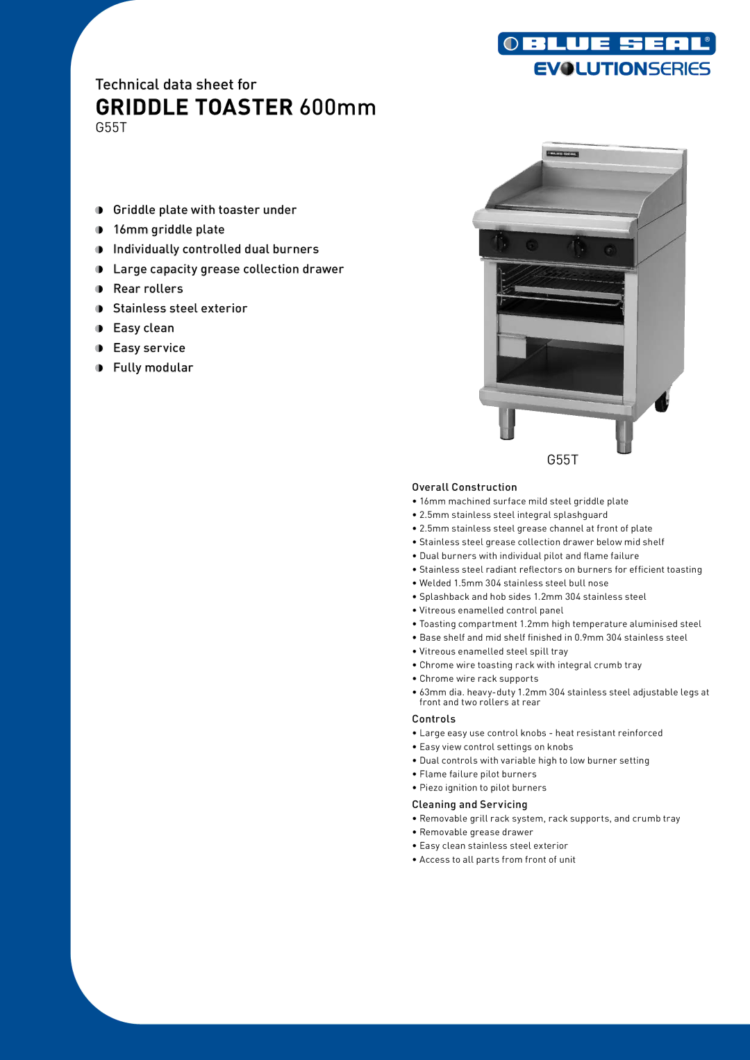 Moffat G55T manual Griddle Toaster 600mm, Overall Construction, Controls, Cleaning and Servicing 