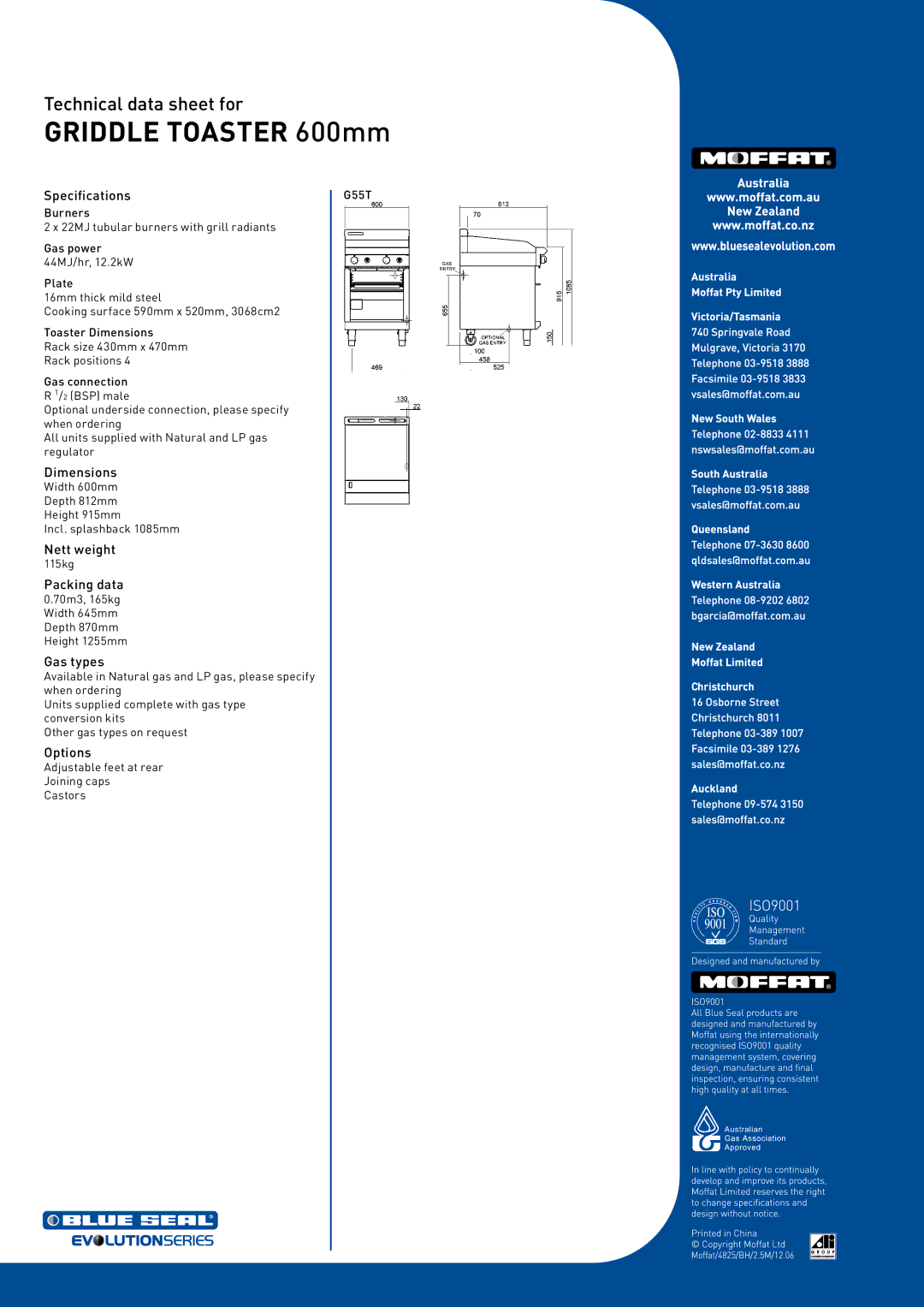 Moffat G55T manual Specifications, Dimensions, Nett weight, Packing data, Gas types, Options 