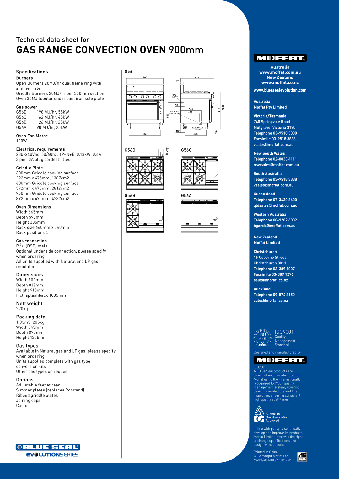 Moffat G56C, G56D, G56A, G56B manual Specifications, Dimensions, Nett weight, Packing data, Gas types, Options 