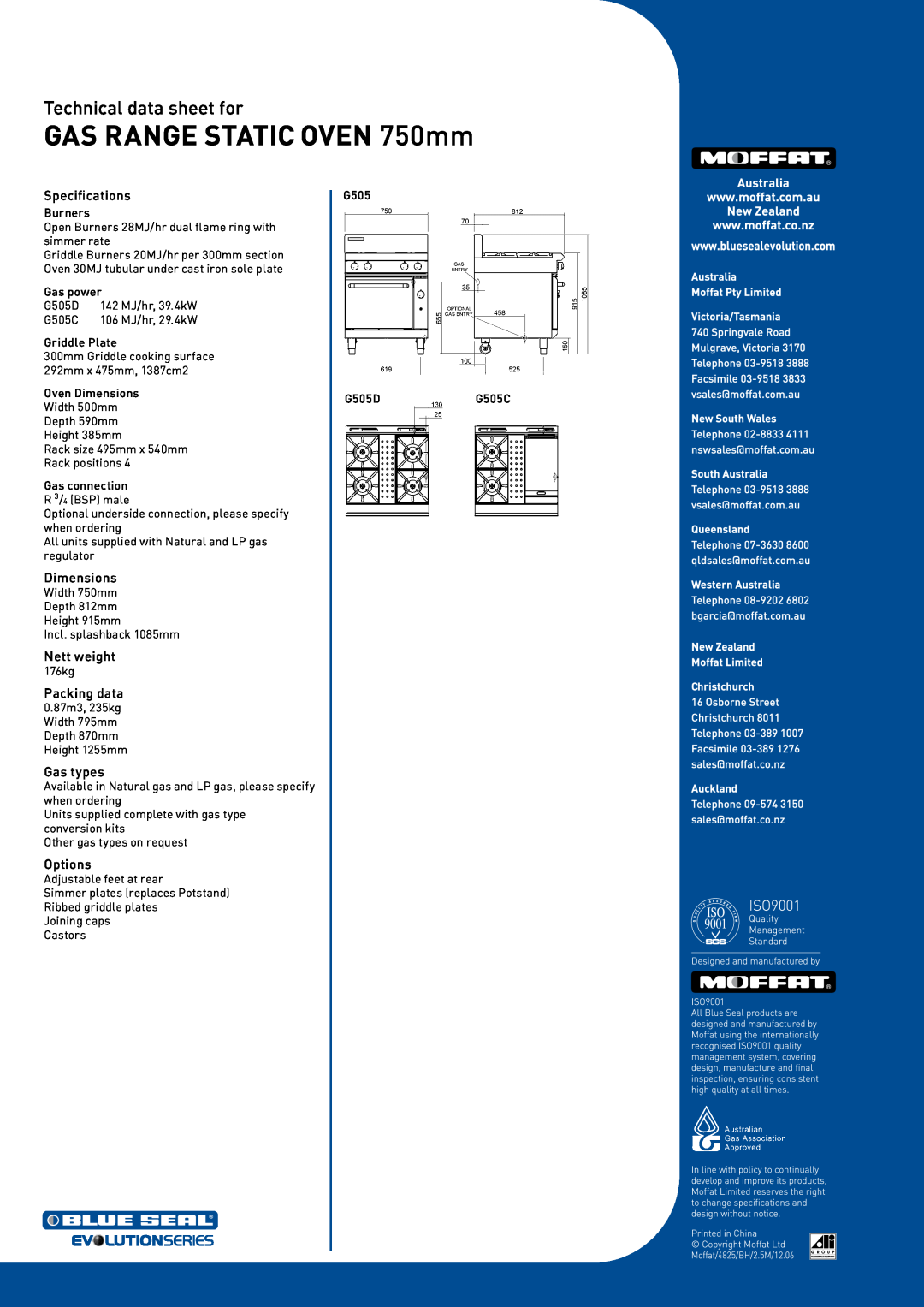 Moffat G570 GAS RANGE STATIC OVEN 750mm, Technical data sheet for, Specifications, Dimensions, Nett weight, Packing data 