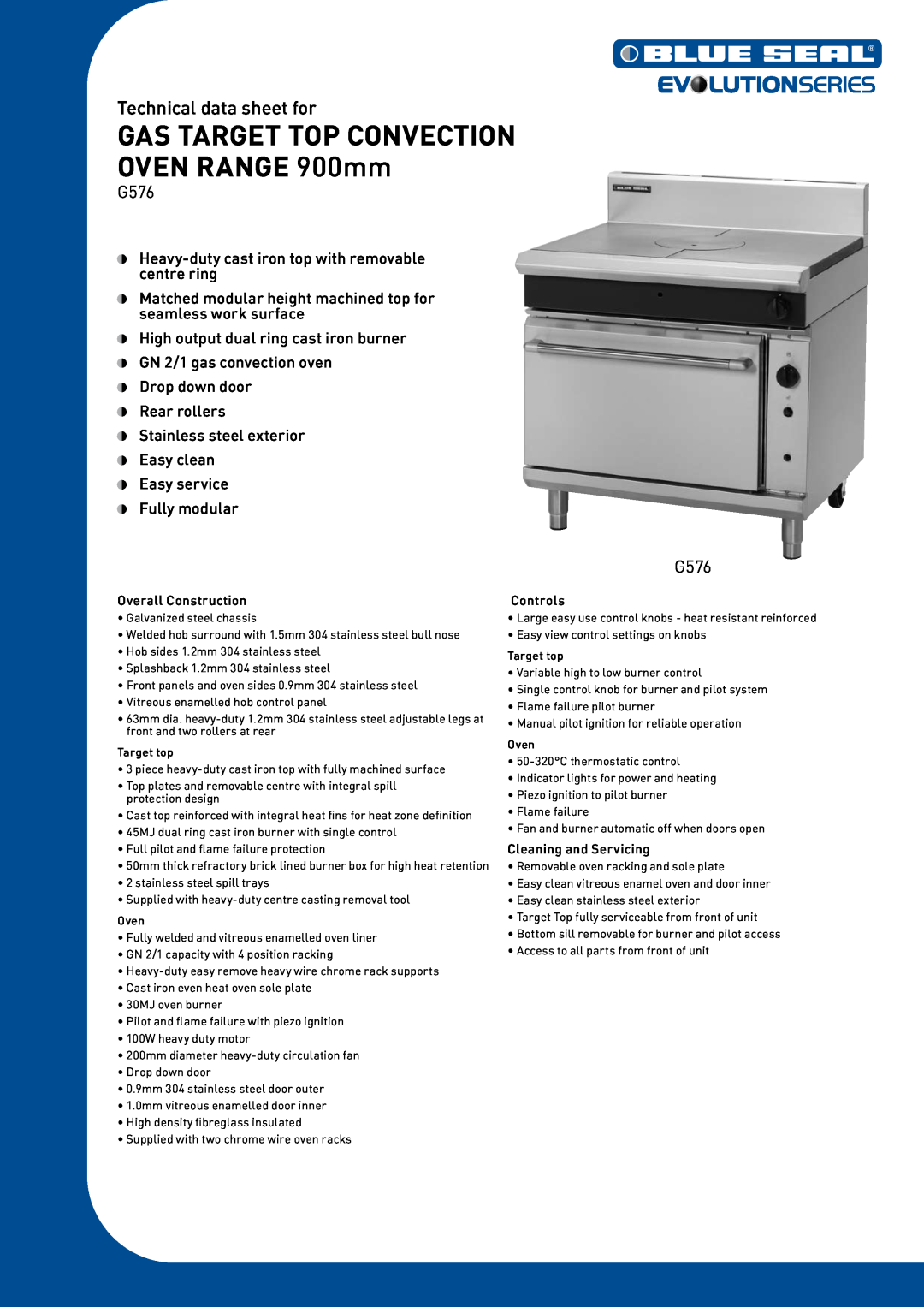 Moffat G576 manual Technical data sheet for, GAS TARGET TOP CONVECTION OVEN RANGE 900mm 