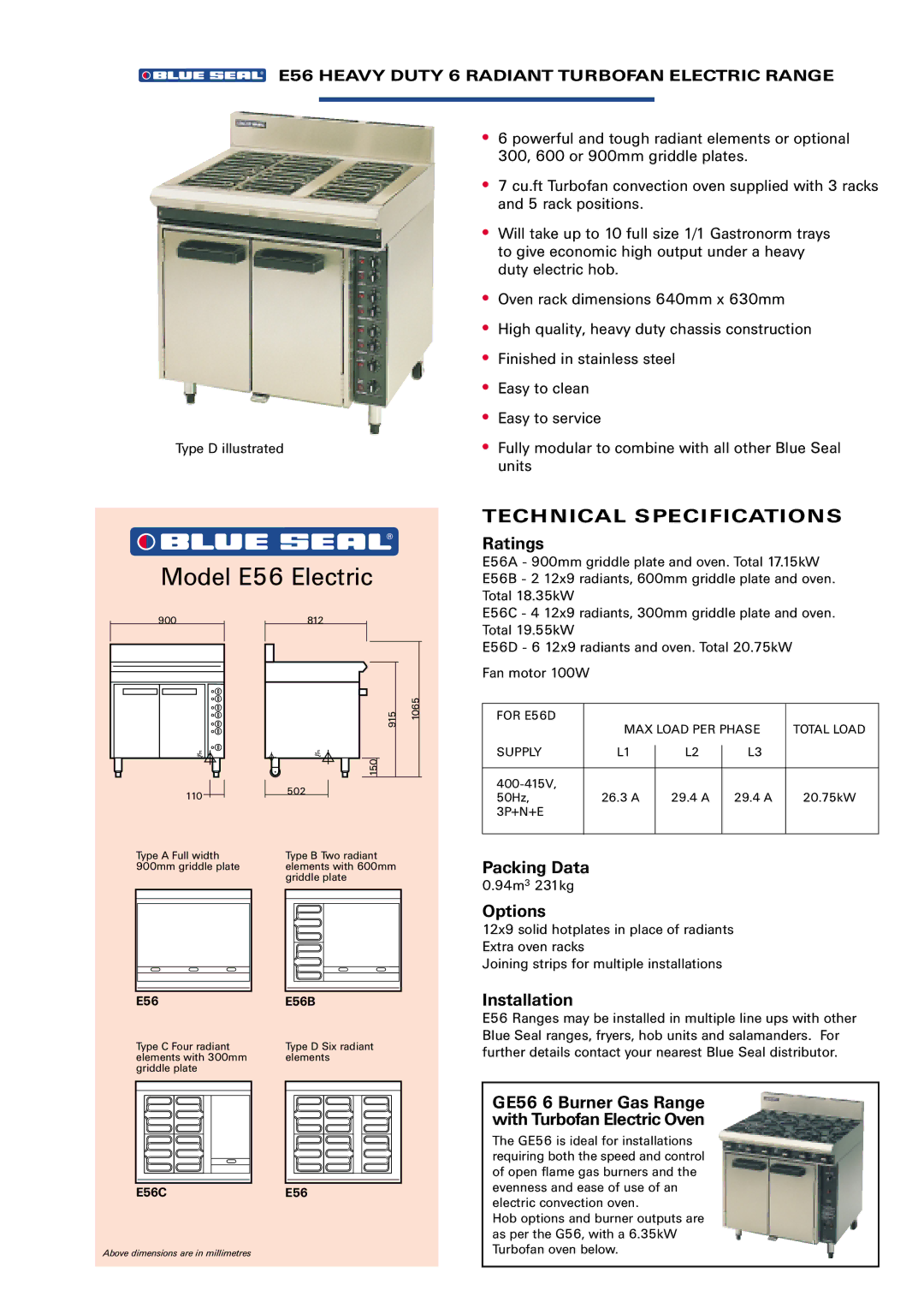 Moffat G58, G56 manual Model E56 Electric, Ratings, Packing Data, Options, Installation 