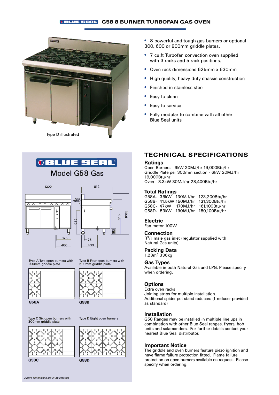 Moffat G56, E56 manual Model G58 Gas, G58 8 Burner Turbofan GAS Oven 