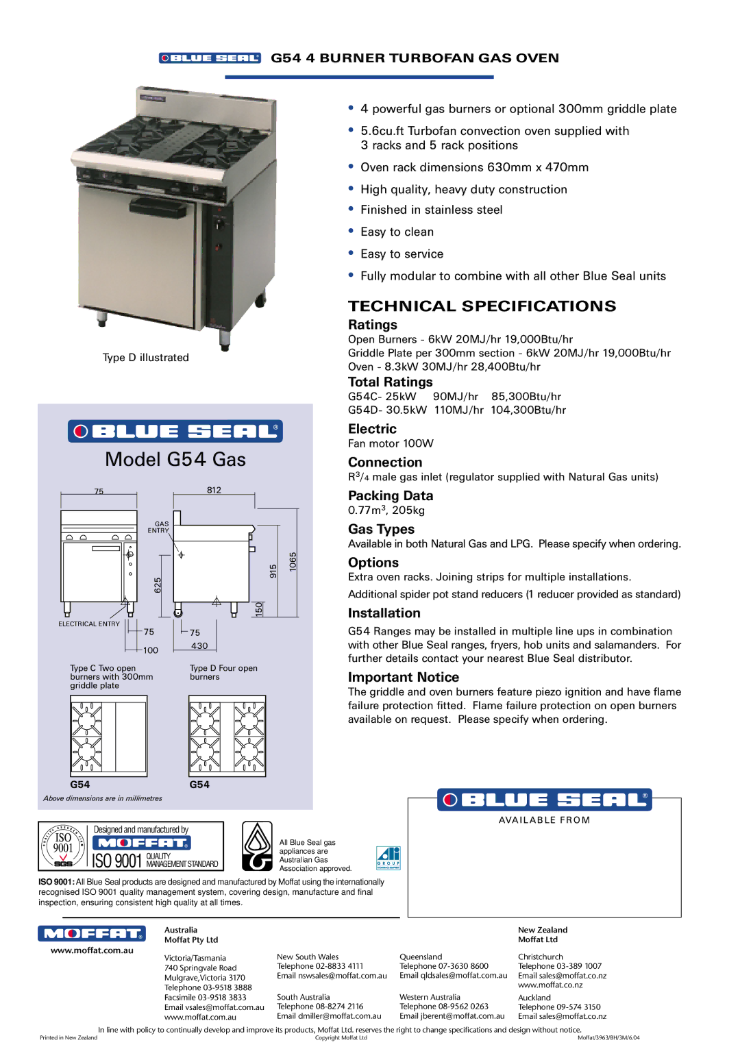 Moffat G58, E56, G56 manual Model G54 Gas, G54 4 Burner Turbofan GAS Oven 