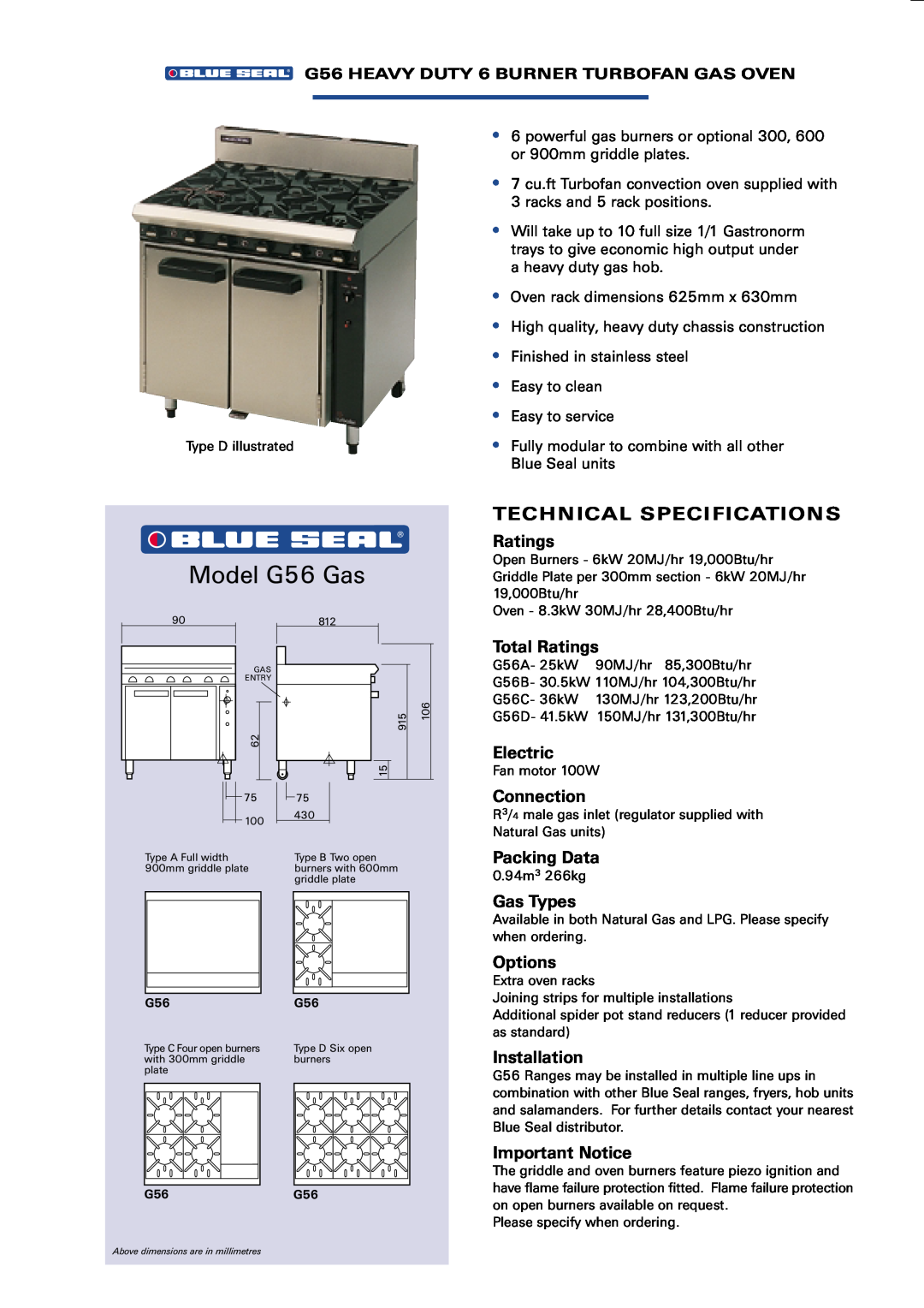Moffat E56 Model G56 Gas, Total Ratings, Electric, Connection, Gas Types, Important Notice, racks and 5 rack positions 