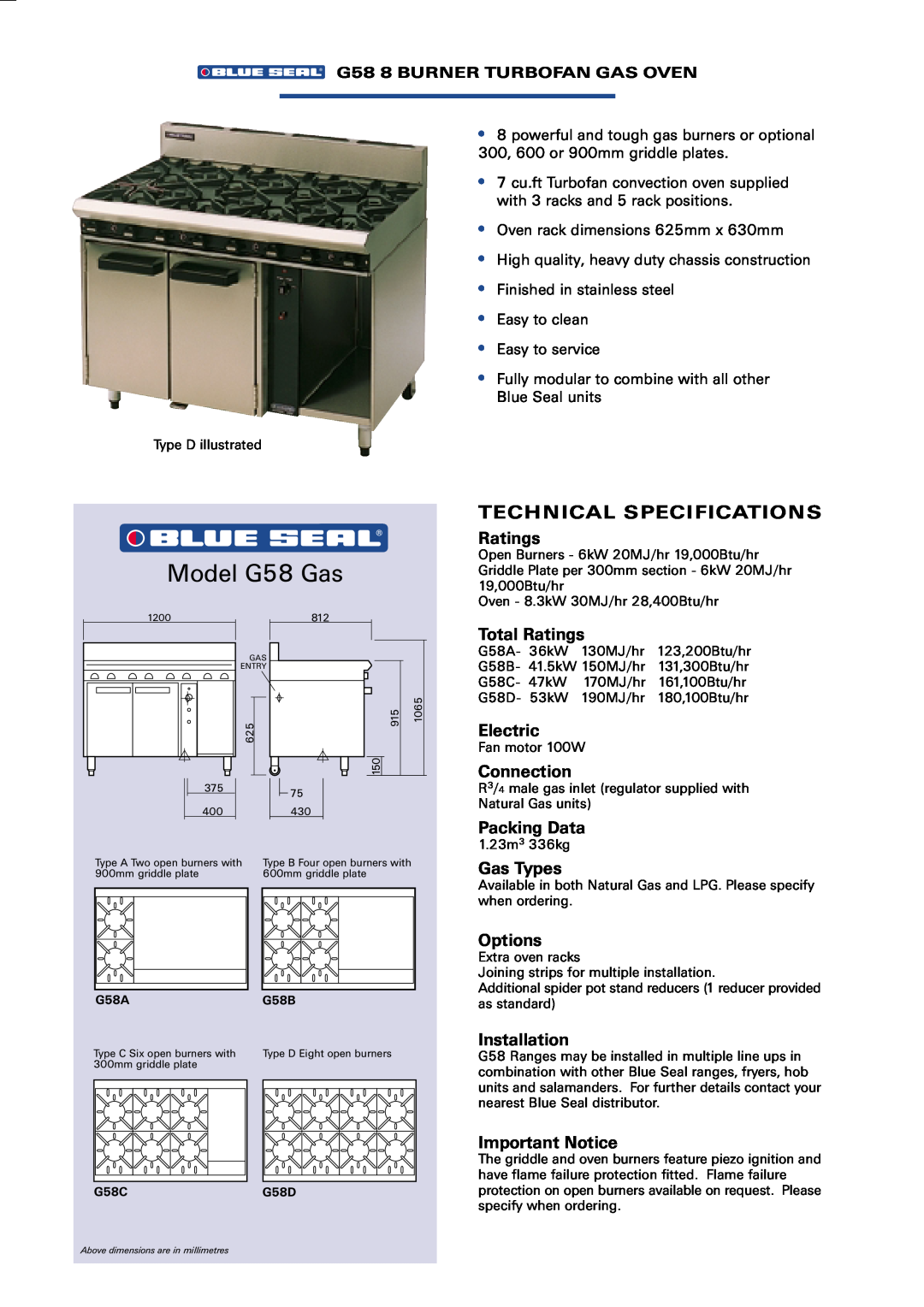 Moffat G56 Model G58 Gas, G58 8 BURNER TURBOFAN GAS OVEN, Technical Specifications, Total Ratings, Electric, Gas Types 