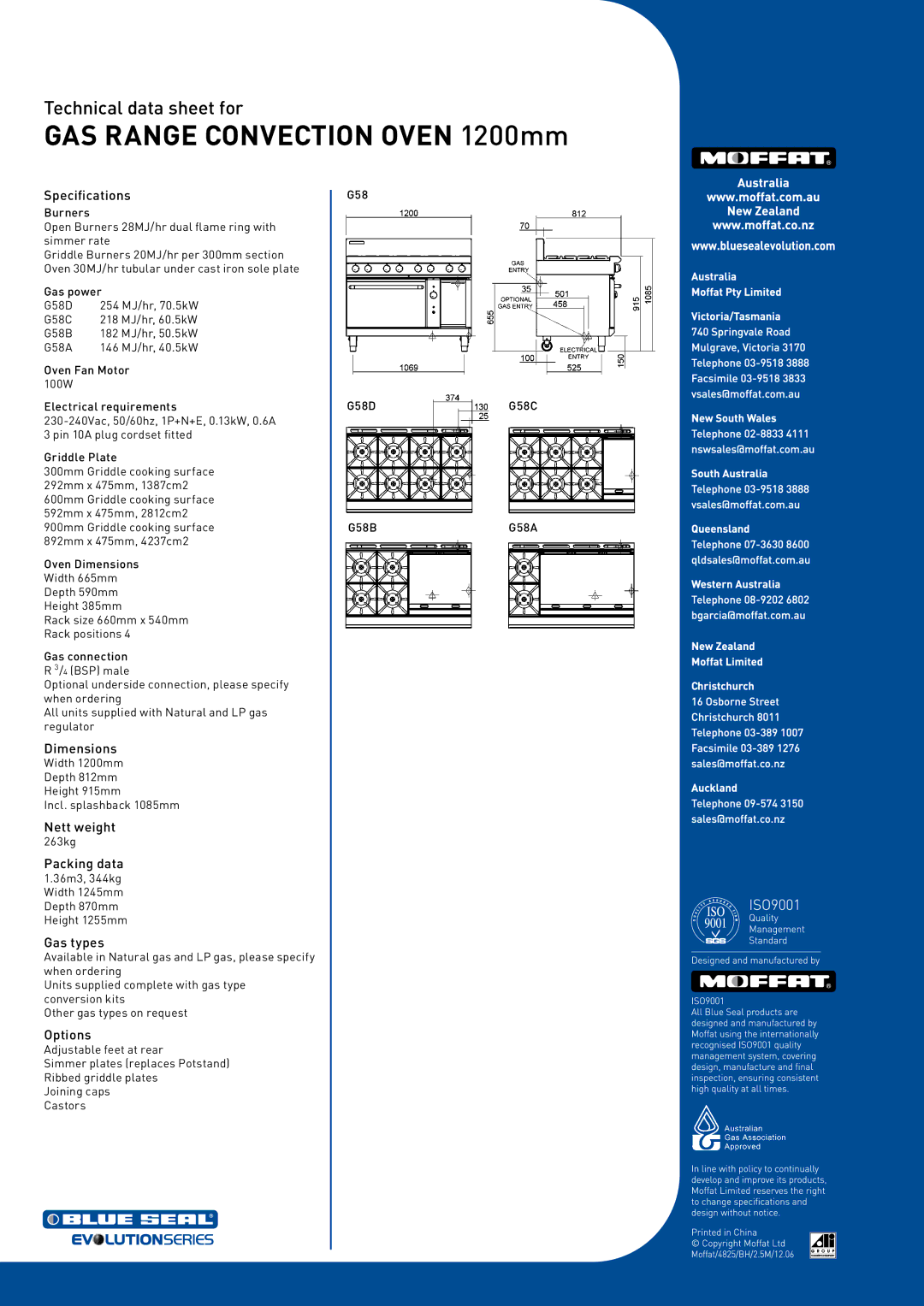 Moffat G58B, G58D, G58A, G58C manual Specifications, Dimensions, Nett weight, Packing data, Gas types, Options 