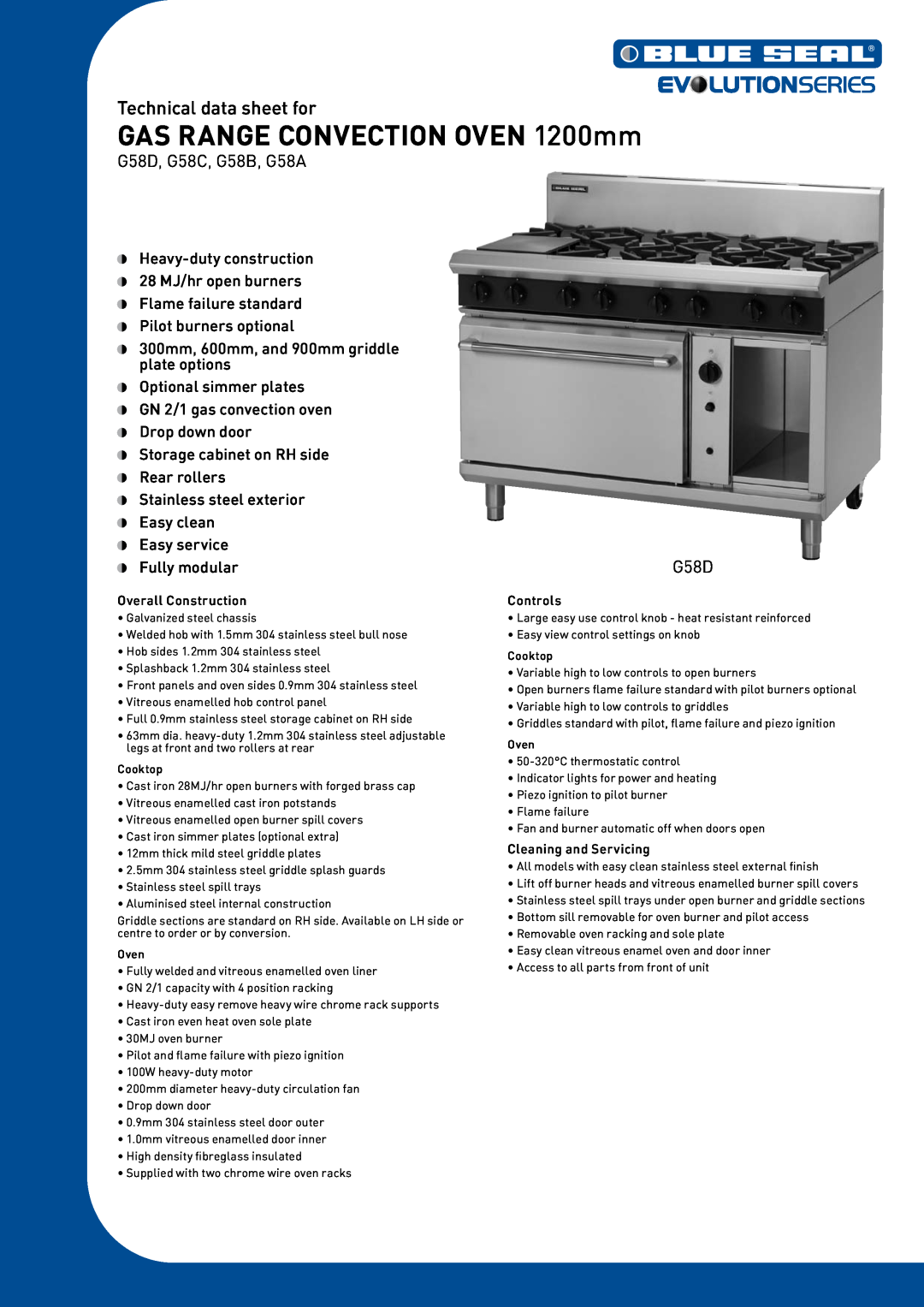 Moffat G58A, G58B manual GAS RANGE CONVECTION OVEN 1200mm, Technical data sheet for, Overall Construction, Controls, G58D 