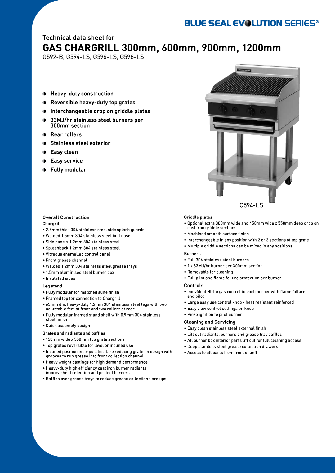 Moffat G592-B manual GAS CHARGRILL 300mm, 600mm, 900mm, 1200mm, Technical data sheet for, Overall Construction, Controls 