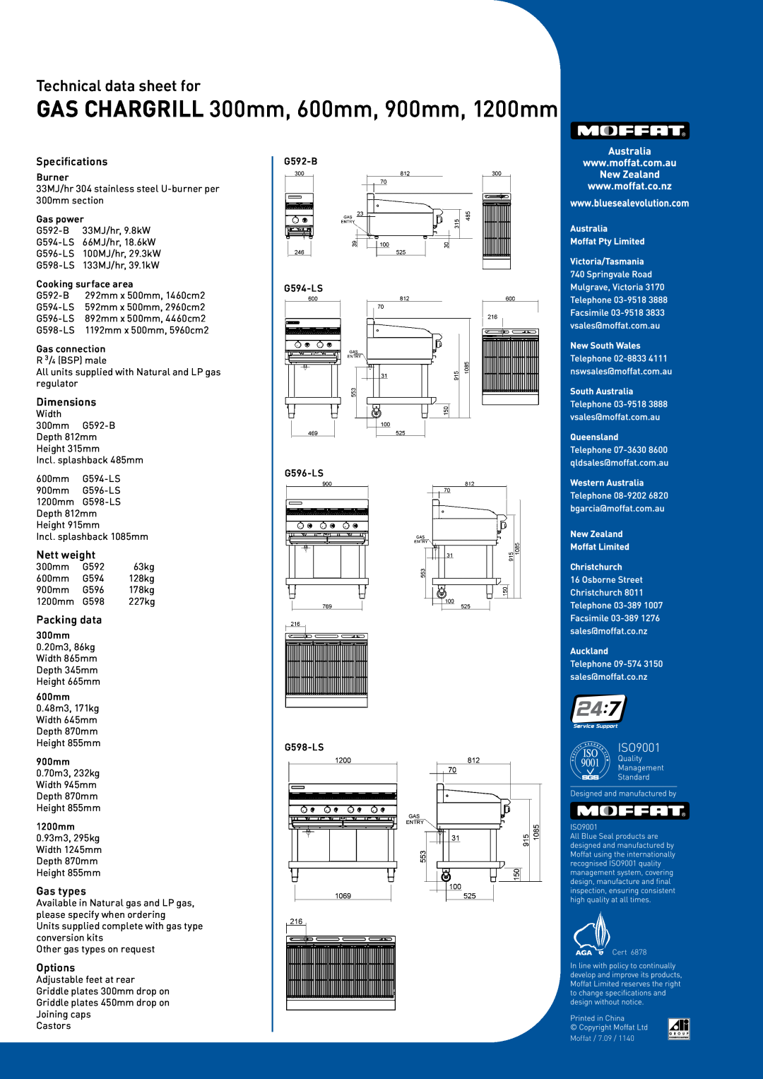 Moffat G596-LS, G592-B Specifications, Dimensions, Nett weight, Packing data, Gas types, Options, Technical data sheet for 