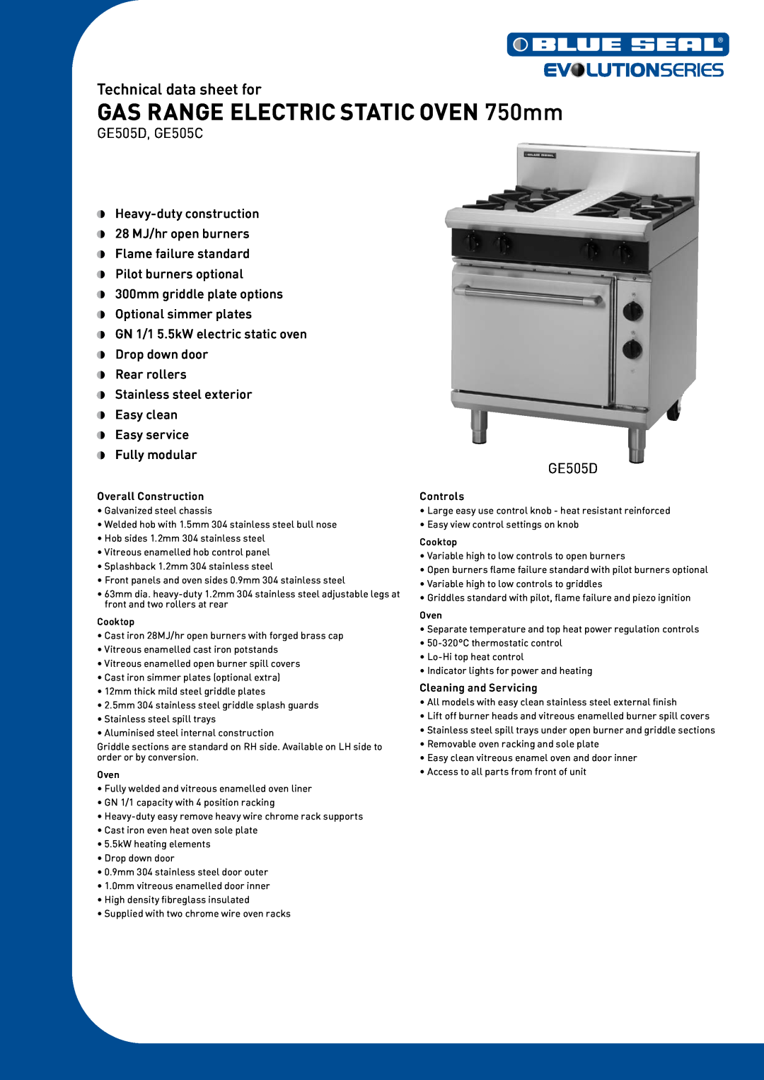 Moffat GE505D manual GAS RANGE ELECTRIC STATIC OVEN 750mm, Technical data sheet for, Overall Construction, Controls 