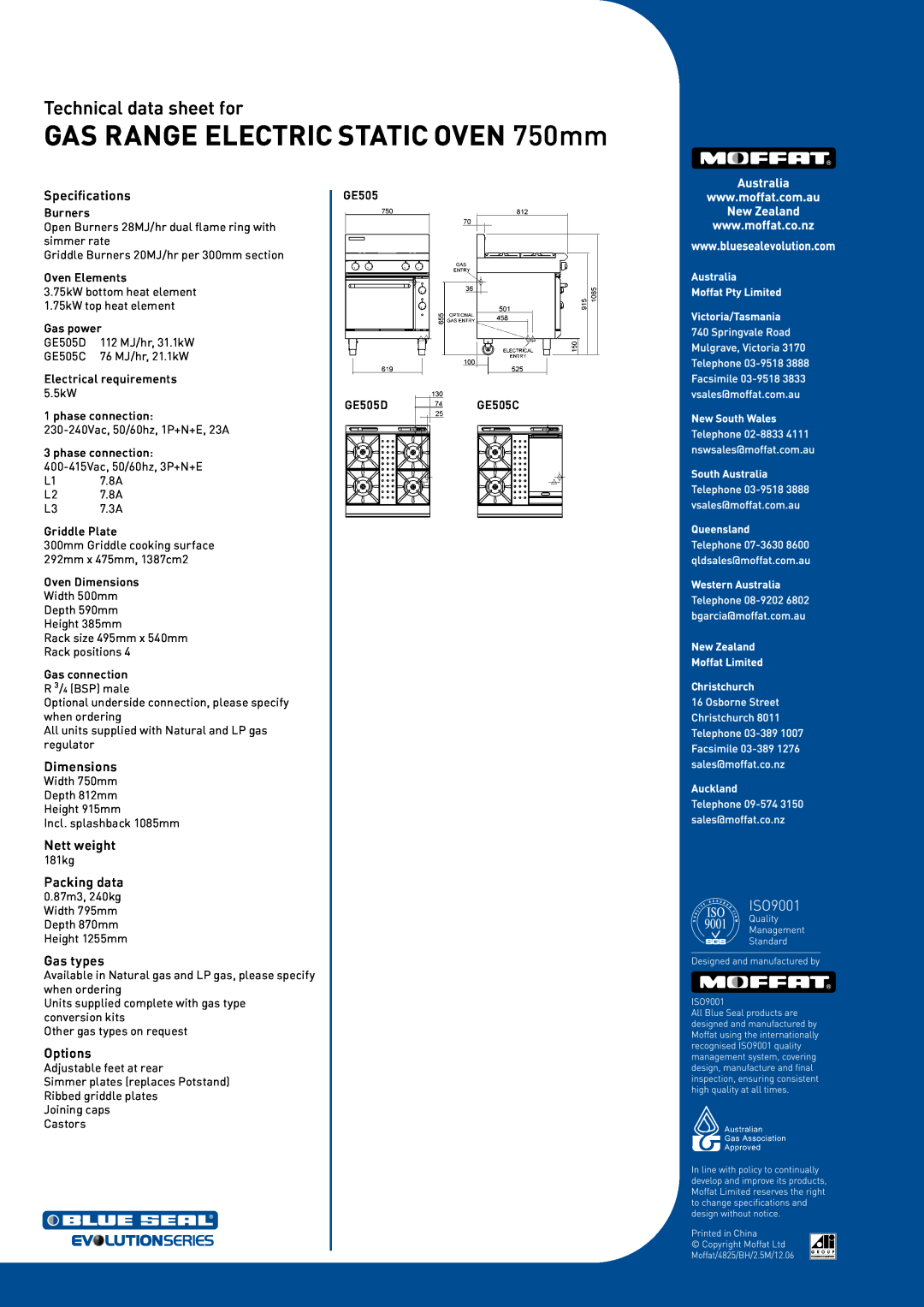 Moffat GE505C, GE505D Specifications, Dimensions, Nett weight, Packing data, Gas types, Options, Technical data sheet for 