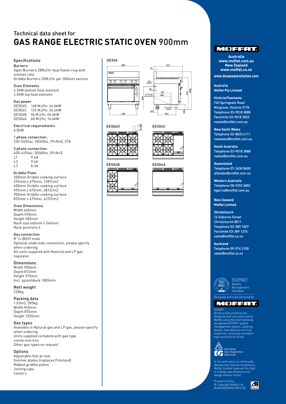 Moffat GE506C, GE506D, GE506A, GE506B manual Specifications, Dimensions, Nett weight, Packing data, Gas types, Options 