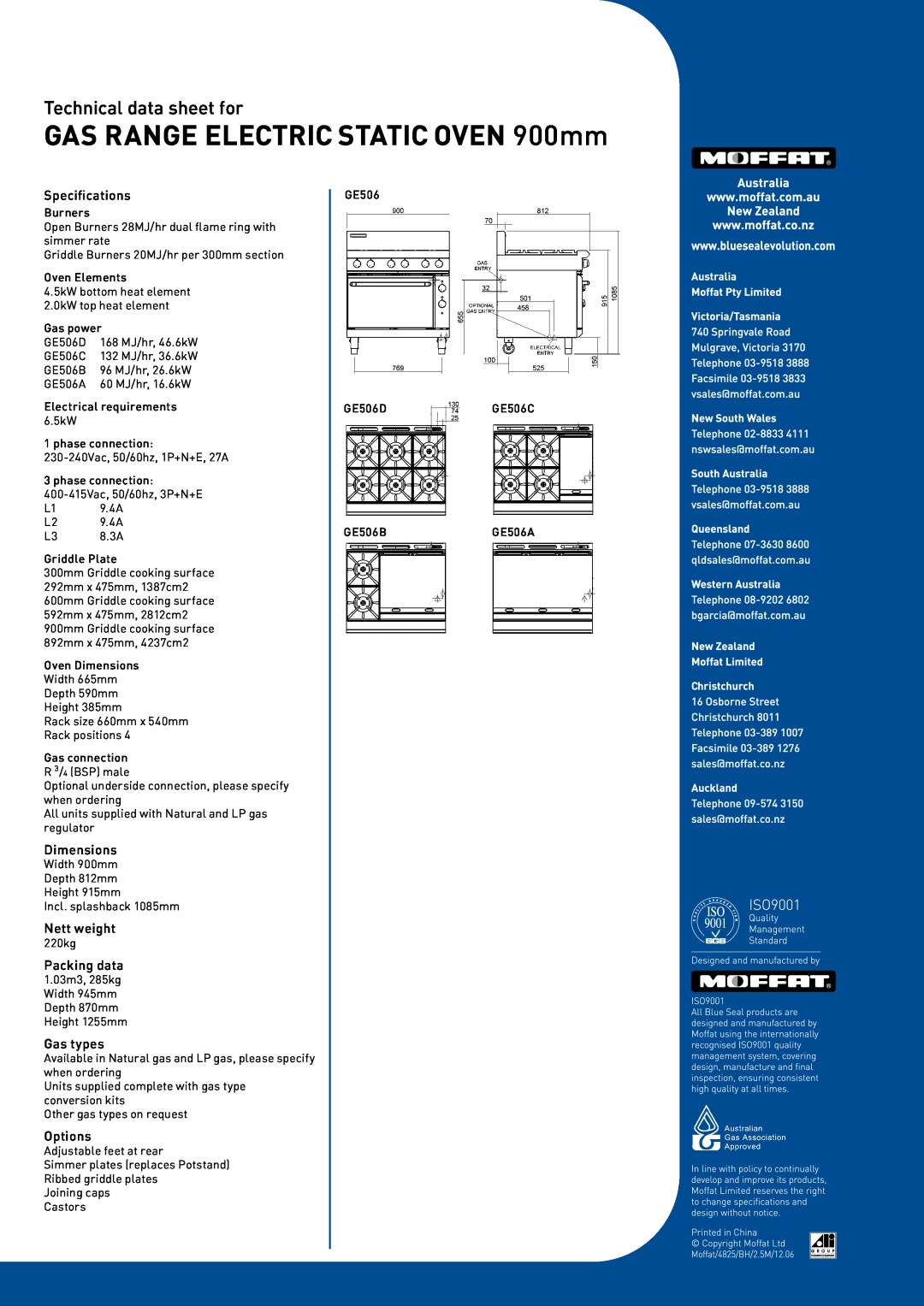 Moffat GE506C GAS RANGE ELECTRIC STATIC OVEN 900mm, Technical data sheet for, Specifications, Dimensions, Nett weight 