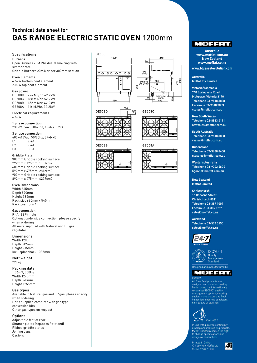 Moffat GE508B, GE508A, GE508D, GE508C manual Specifications, Dimensions, Nett weight, Packing data, Gas types, Options 