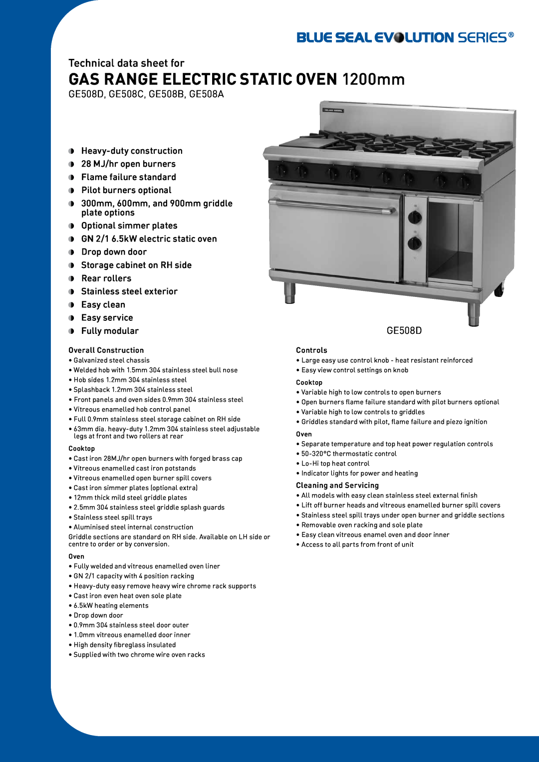 Moffat GE508D manual GAS RANGE ELECTRIC STATIC OVEN 1200mm, Technical data sheet for, Overall Construction, Controls 