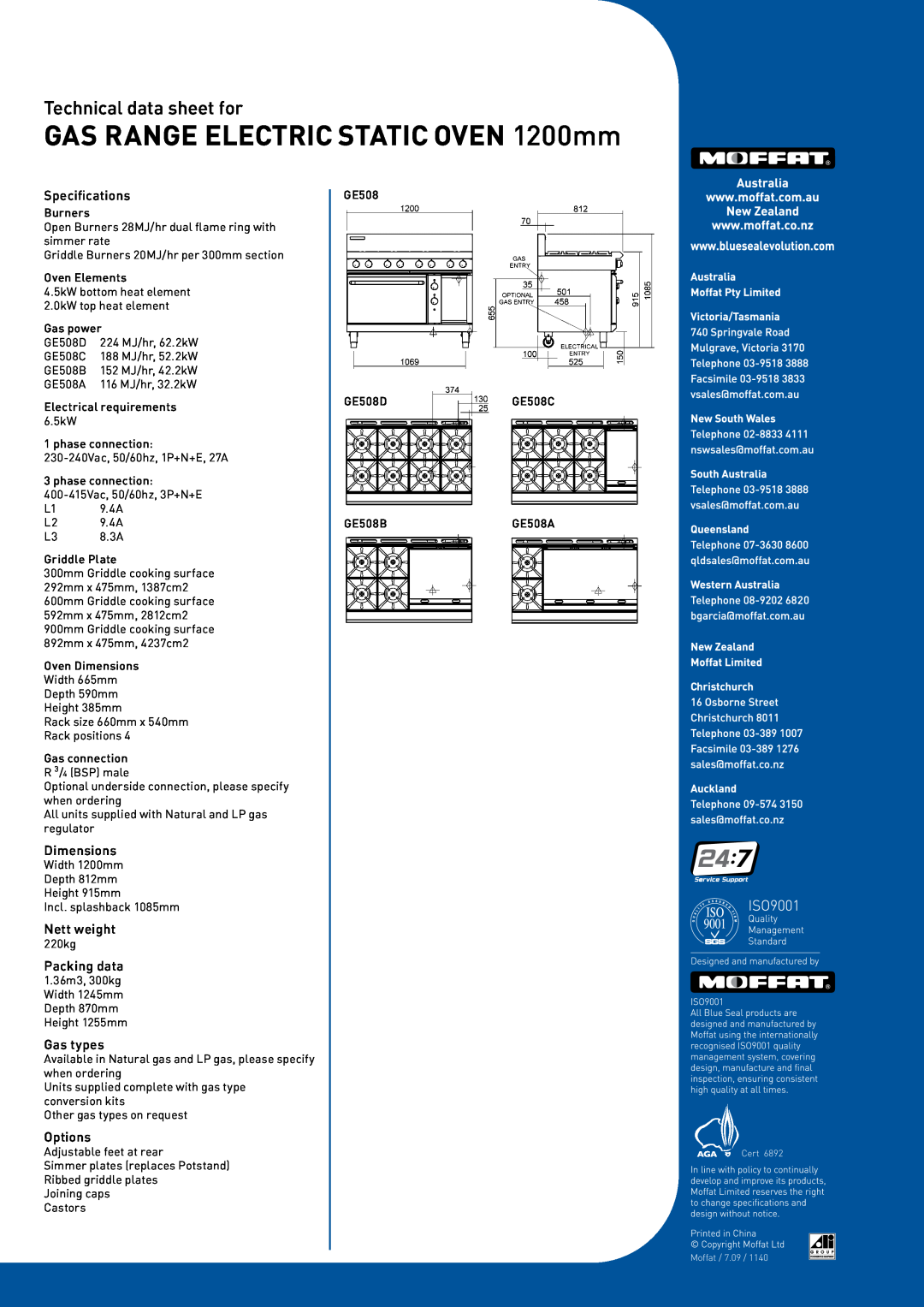 Moffat GE508B, GE508A Specifications, Dimensions, Nett weight, Packing data, Gas types, Options, Technical data sheet for 