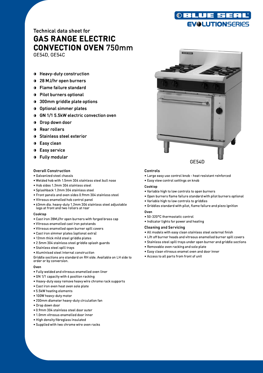 Moffat GE54C manual GAS RANGE ELECTRIC CONVECTION OVEN 750mm, Technical data sheet for, Overall Construction, Controls 