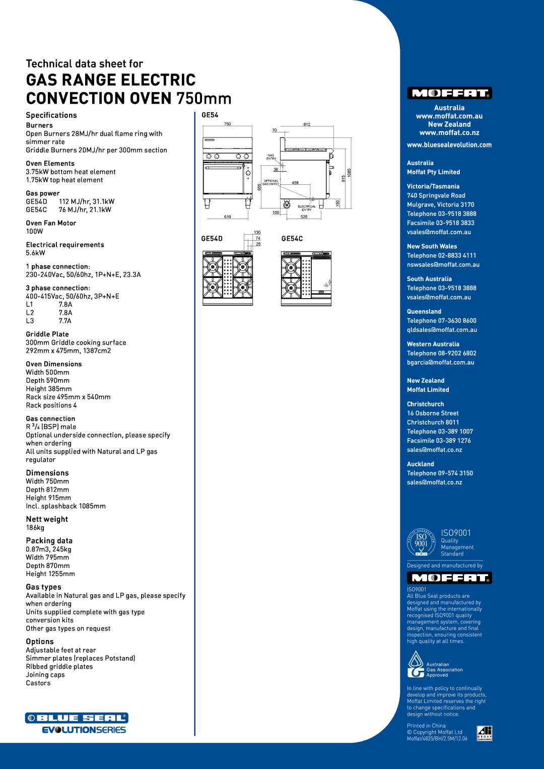 Moffat GE54D, GE54C Specifications, Dimensions, Nett weight, Packing data, Gas types, Options, Technical data sheet for 