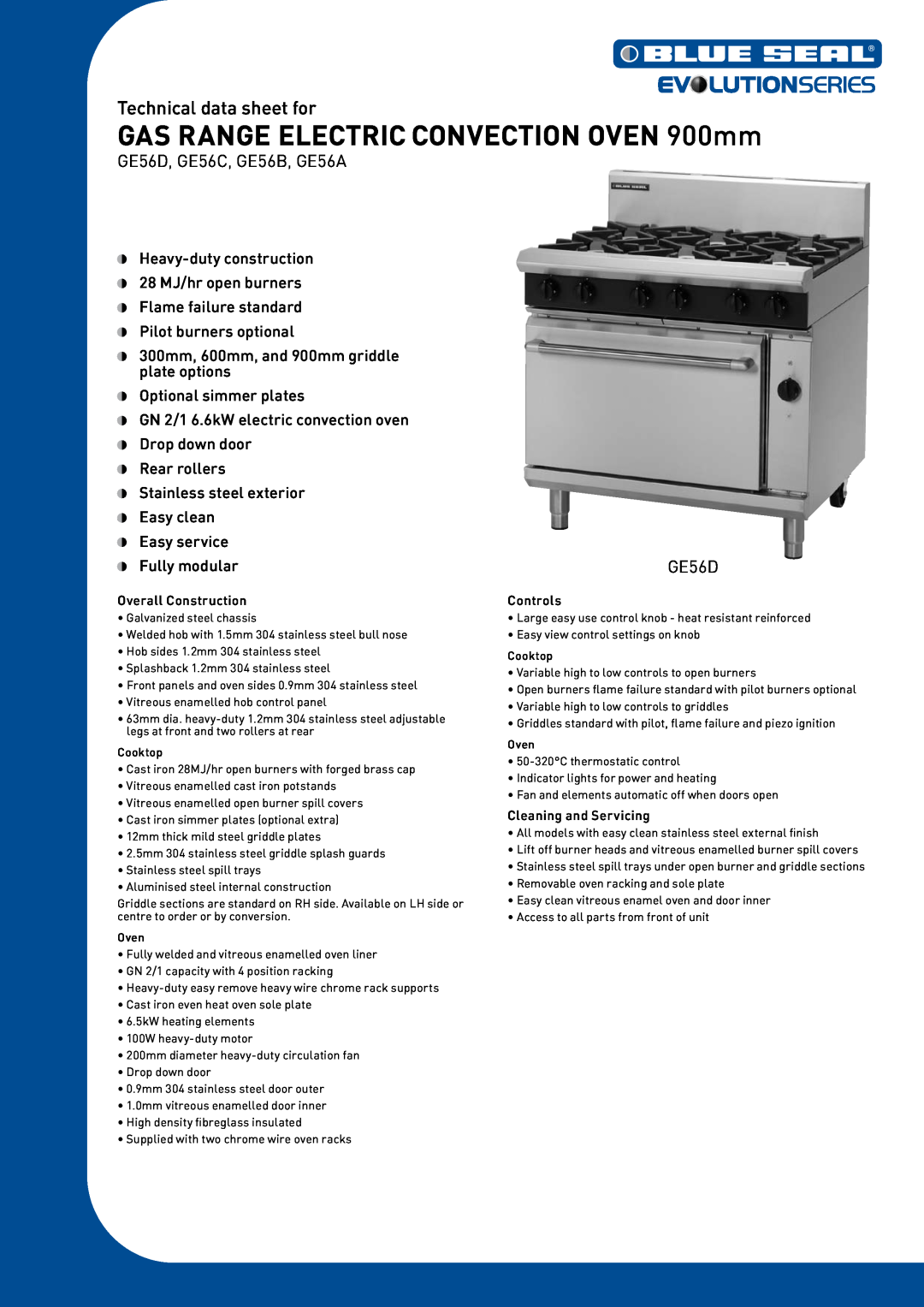 Moffat GE56A manual GAS RANGE ELECTRIC CONVECTION OVEN 900mm, Technical data sheet for, Overall Construction, Controls 