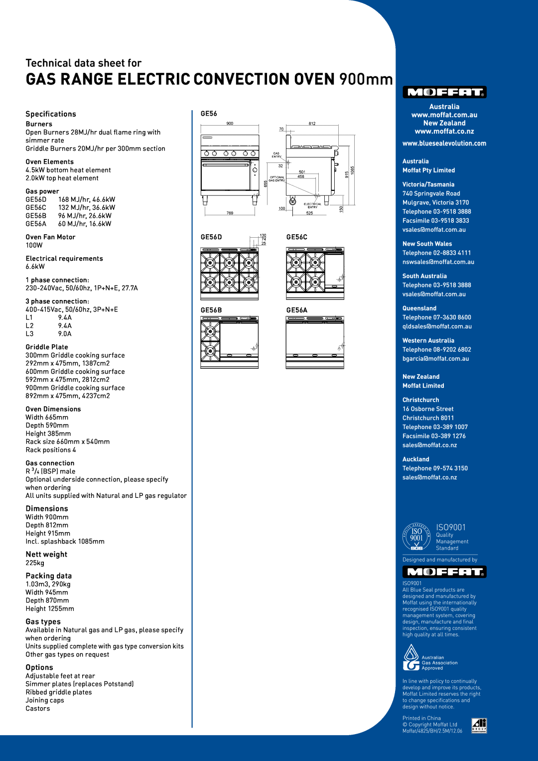 Moffat GE56C, GE56D Specifications, Dimensions, Nett weight, Packing data, Gas types, Options, Technical data sheet for 
