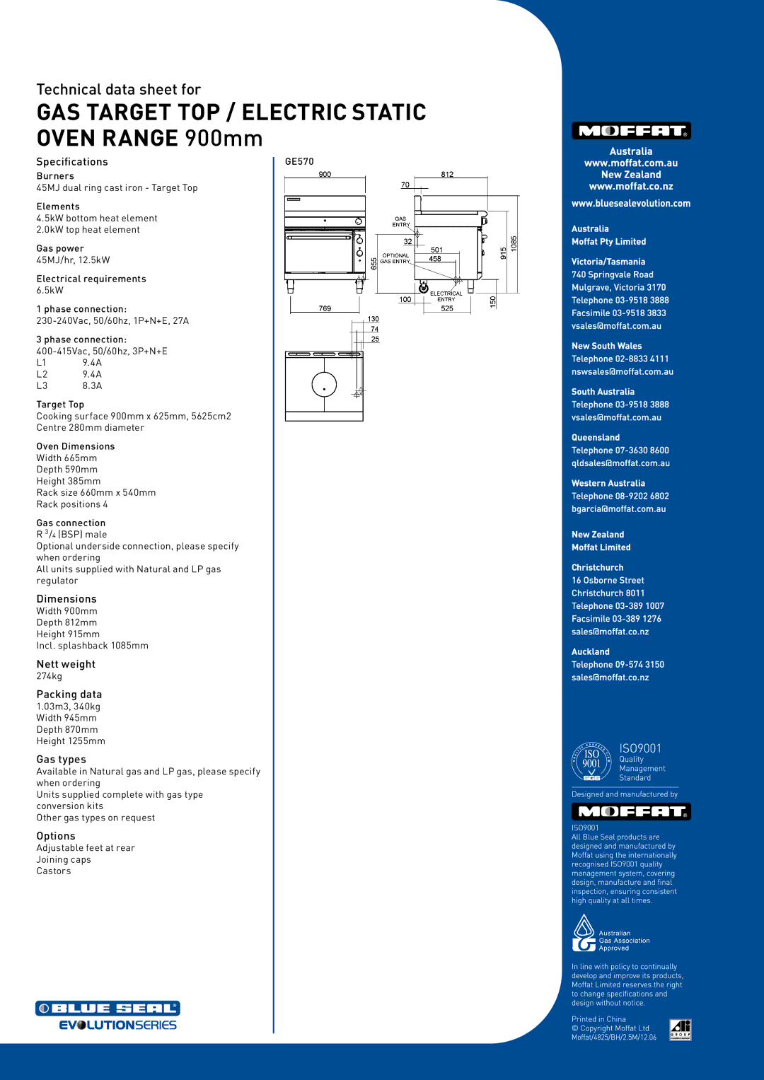 Moffat GE570 manual Specifications, Dimensions, Nett weight, Packing data, Gas types, Options 