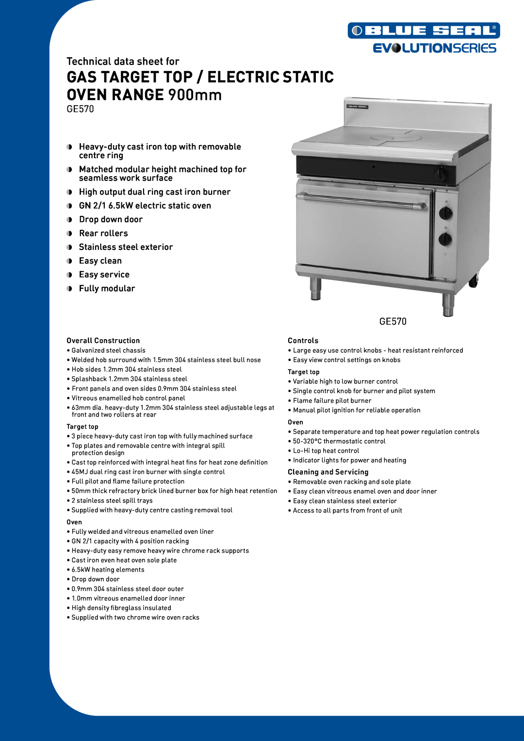 Moffat GE570 manual GAS TARGET TOP / ELECTRIC STATIC OVEN RANGE 900mm, Technical data sheet for, Overall Construction 