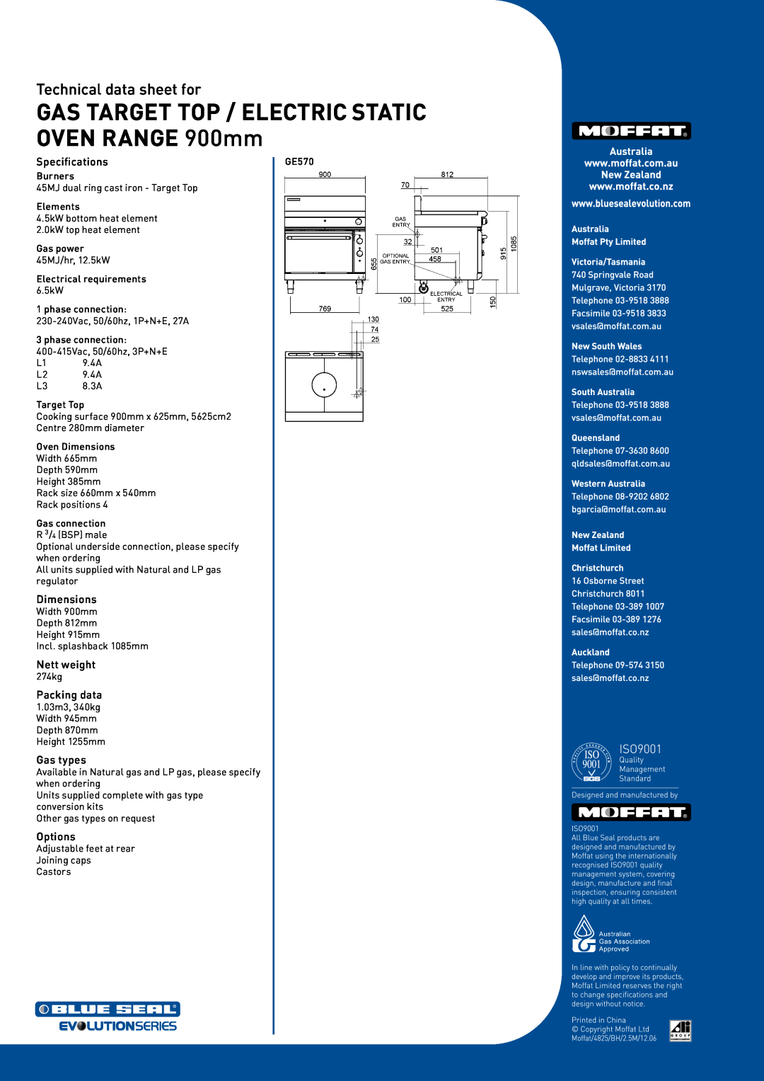 Moffat GE570 manual Specifications, Dimensions, Nett weight, Packing data, Gas types, Options, Technical data sheet for 