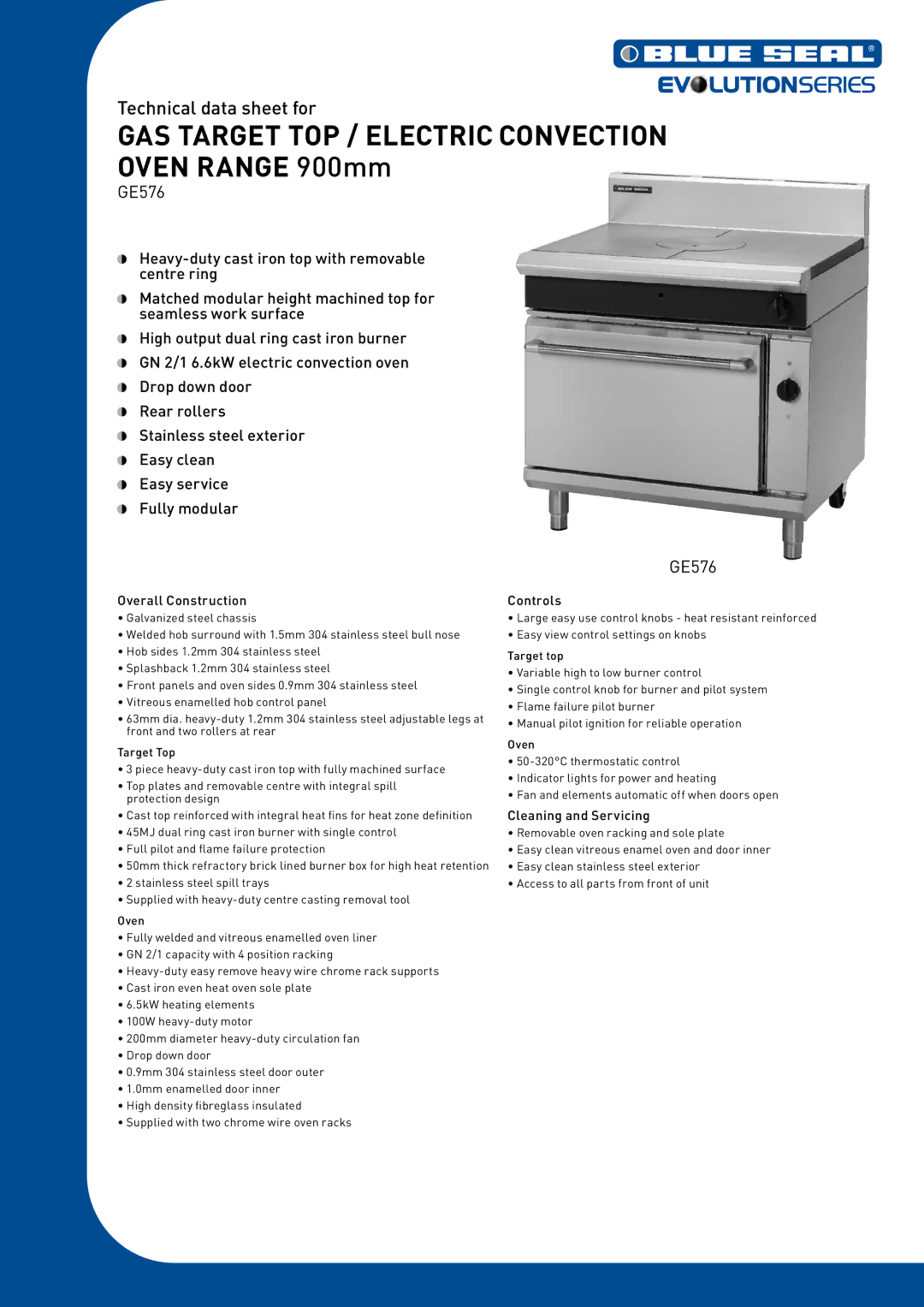 Moffat GE576 manual GAS Target TOP / Electric Convection Oven Range 900mm, Overall Construction, Controls 