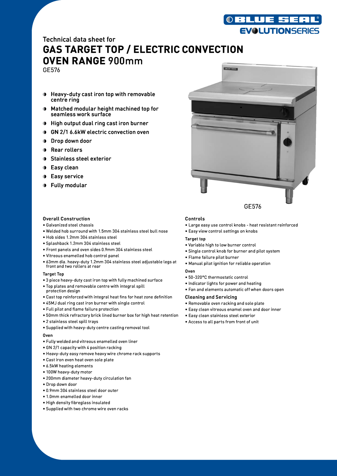 Moffat GE576 manual Technical data sheet for, Overall Construction, Controls, Cleaning and Servicing 