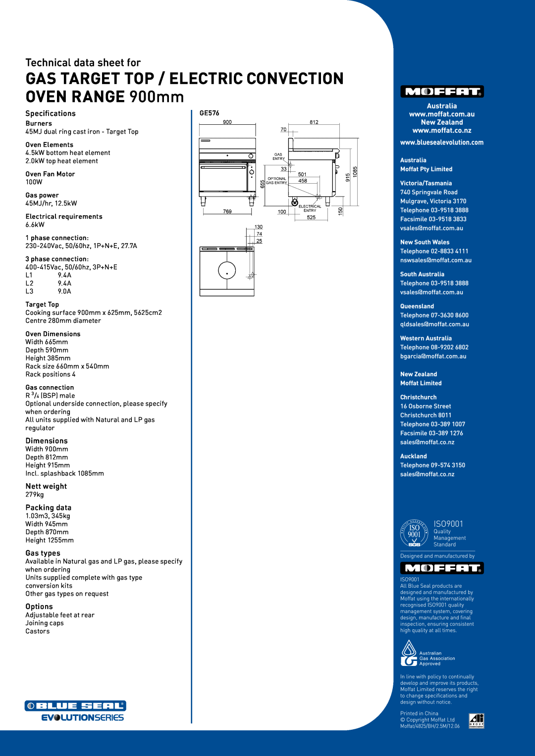 Moffat GE576 manual Specifications, Dimensions, Nett weight, Packing data, Gas types, Options, Technical data sheet for 