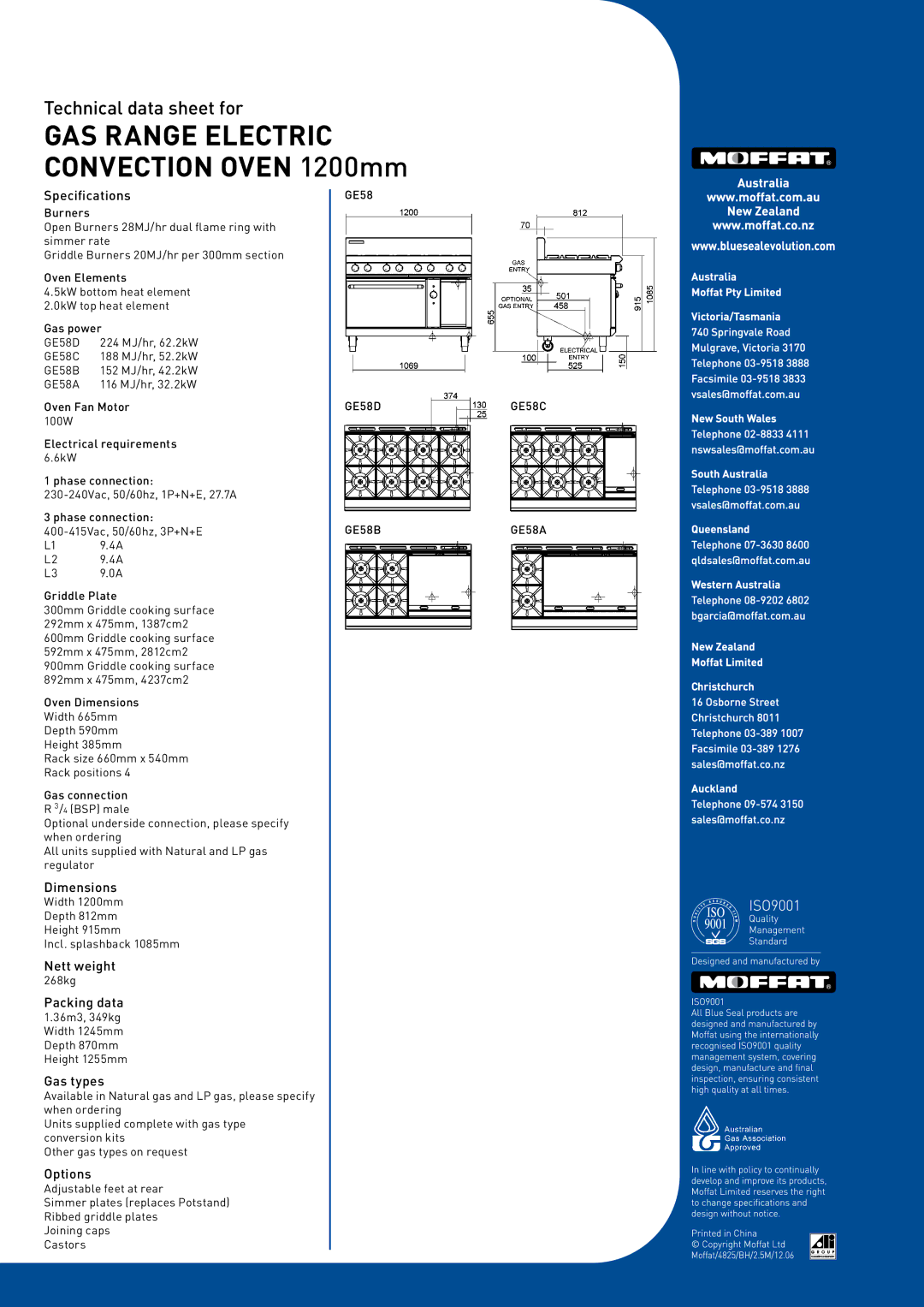 Moffat GE58B, GE58C, GE58A, GE58D manual Specifications, Dimensions, Nett weight, Packing data, Gas types, Options 