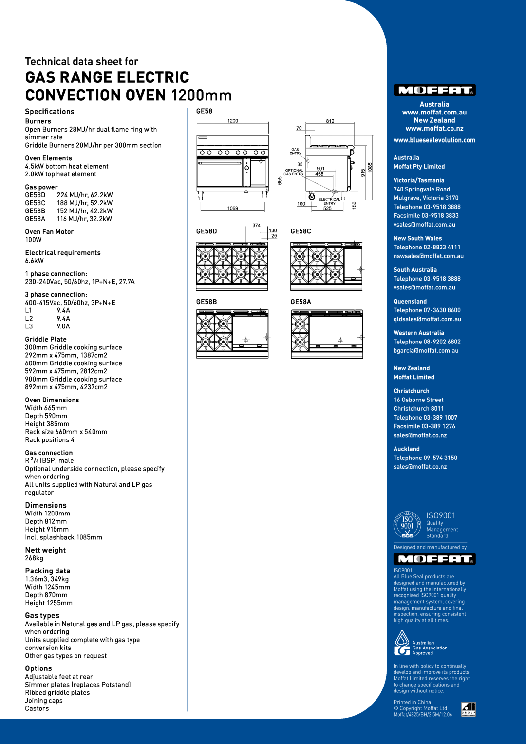 Moffat GE58B, GE58C Specifications, Dimensions, Nett weight, Packing data, Gas types, Options, Technical data sheet for 