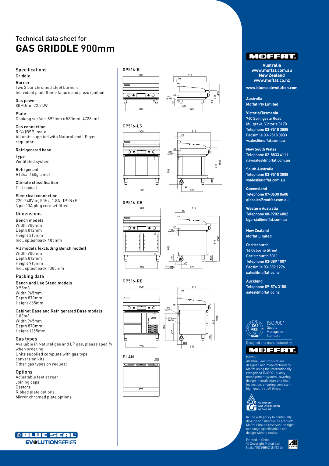 Moffat GP516-B, GP516-CB, GP516-LS, GP516-RB manual Specifications, Dimensions, Packing data, Gas types, Options 