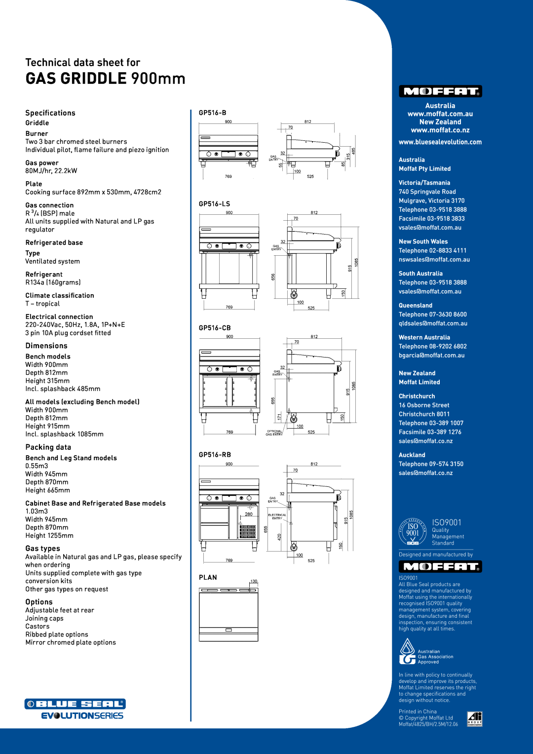 Moffat GP516-B GAS GRIDDLE 900mm, Technical data sheet for, Specifications, Dimensions, Packing data, Gas types, Options 