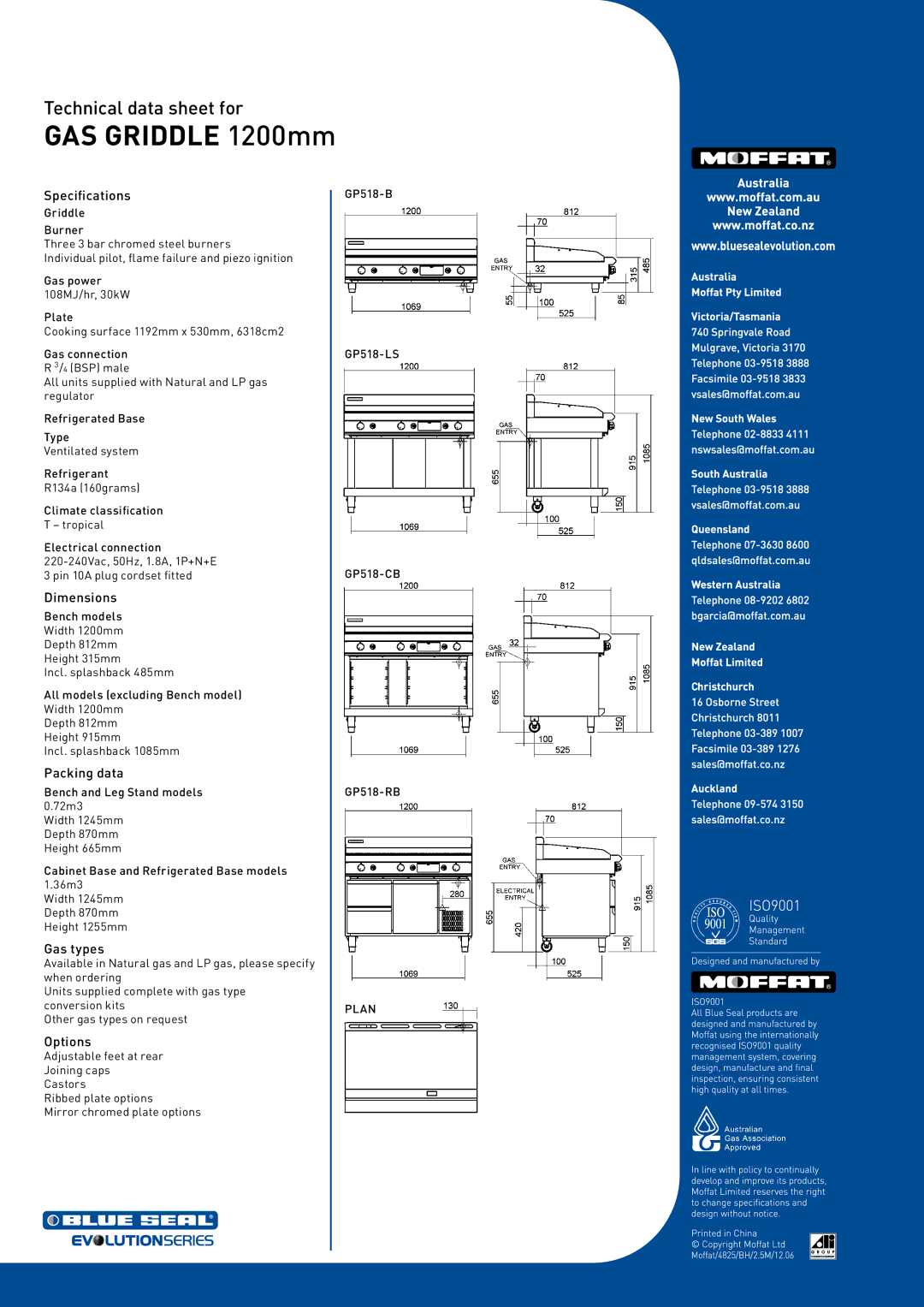 Moffat GP518-CB, GP518-LS, GP518-B, GP518-RB manual Specifications, Dimensions, Packing data, Gas types, Options 