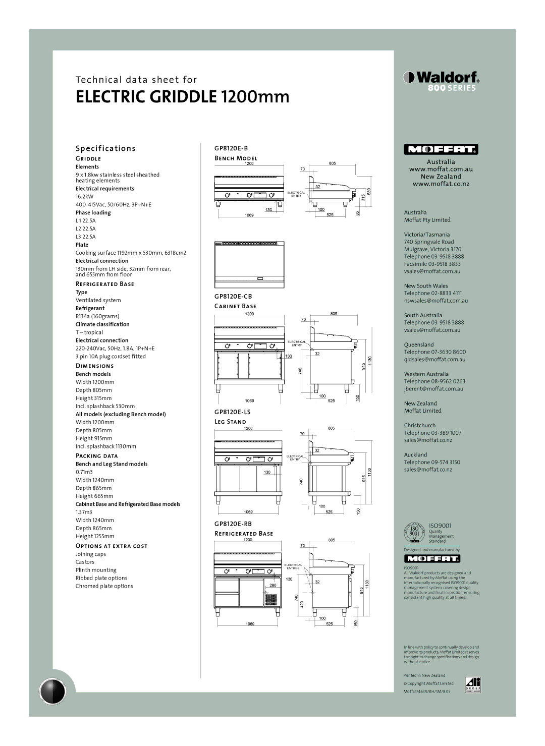 Moffat GP8120E-B, GP8120E-CB, GP8120E-RB, GP8120E-LS manual Sp e cif ications, Dimensions, Packing data, Options at extra cost 