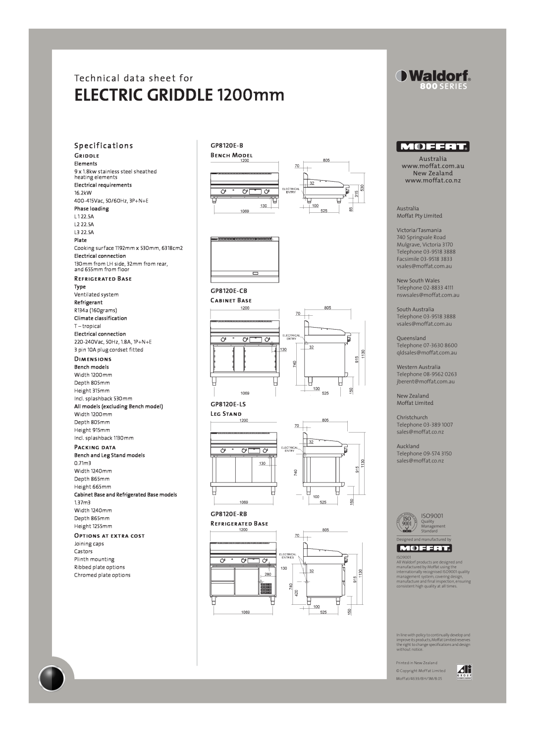 Moffat GP8120E-B manual Sp e cif ications, ELECTRIC GRIDDLE 1200mm, Technical data sheet for, Griddle, Refrigerated Base 