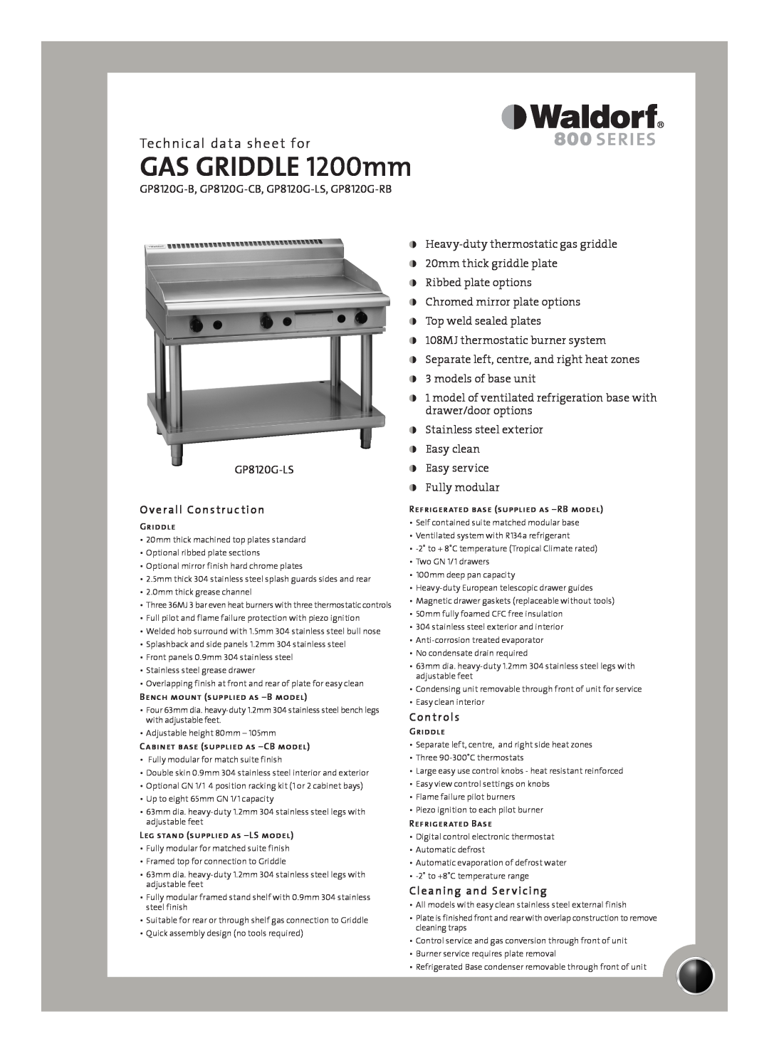 Moffat GP8120G-LS, GP8120G-CB manual GAS GRIDDLE 1200mm, Technical data sheet for, Overall Construction, Controls 