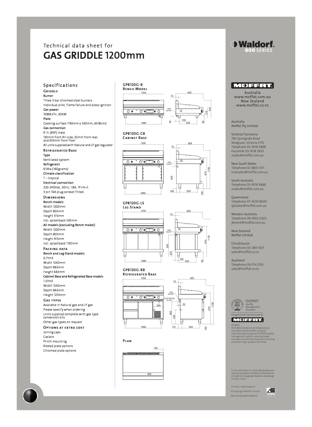 Moffat GP8120G-B Sp e cif ications, GAS GRIDDLE 1200mm, Technical data sheet for, Griddle, Refrigerated Base, Dimensions 