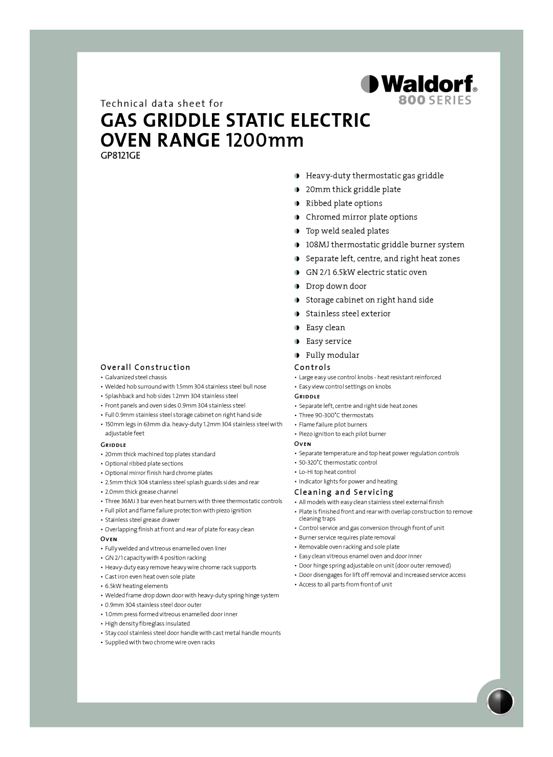 Moffat GP8121GE manual Overall Construction Controls, Cleaning and Ser vicing, Griddle, Oven 