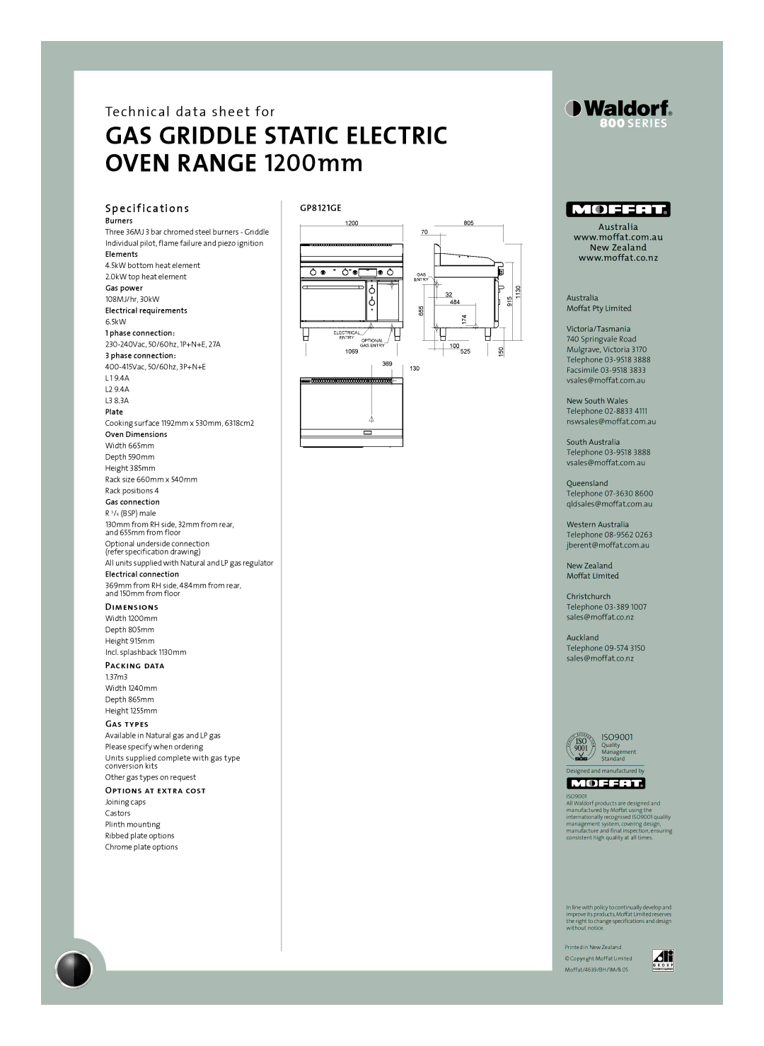 Moffat GP8121GE manual Sp e cif ications, Dimensions, Packing data, Gas types, Options at extra cost 