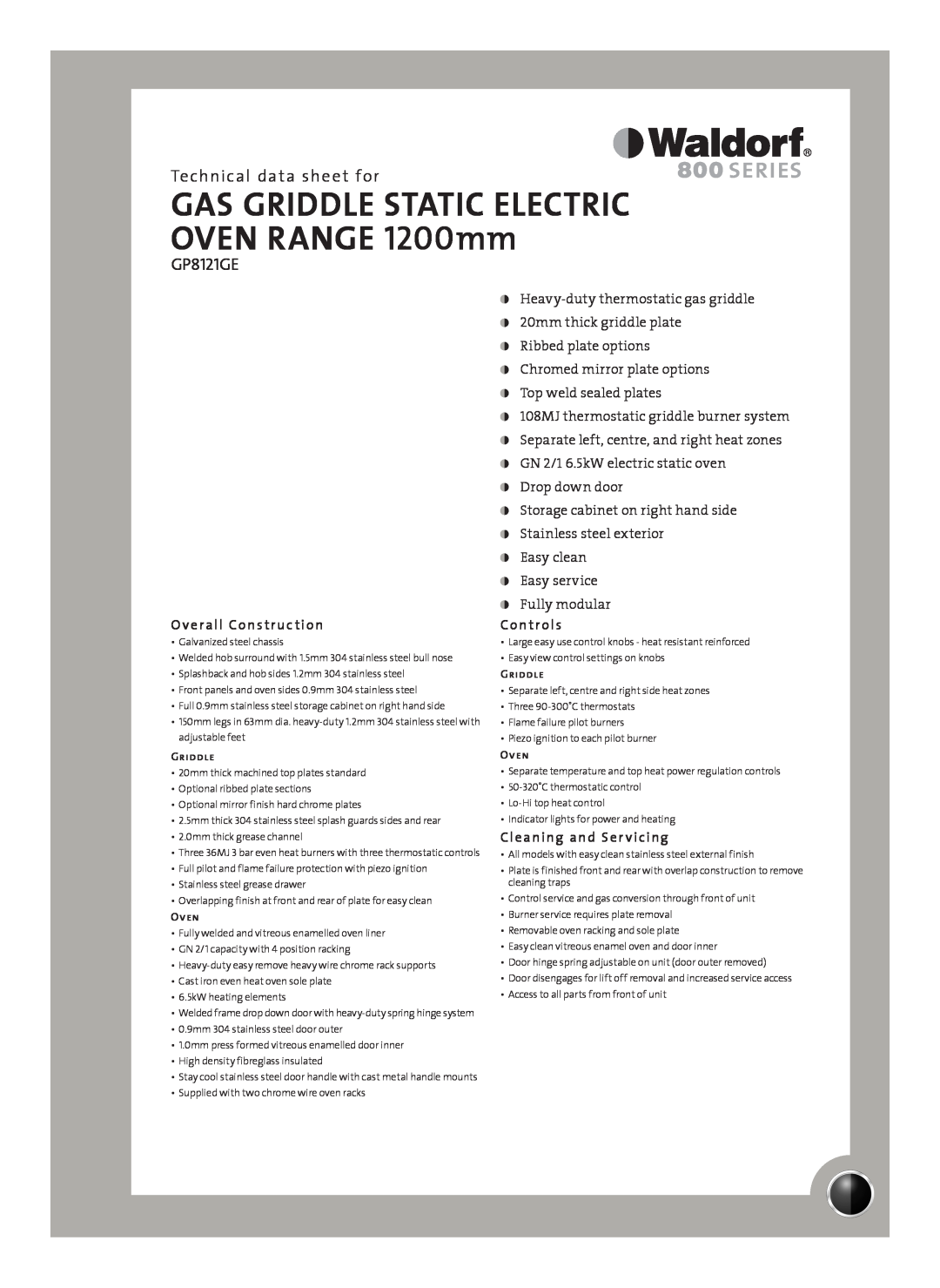 Moffat GP8121GE manual Technical data sheet for, Overall Construction, Controls, Cleaning and Ser vicing 
