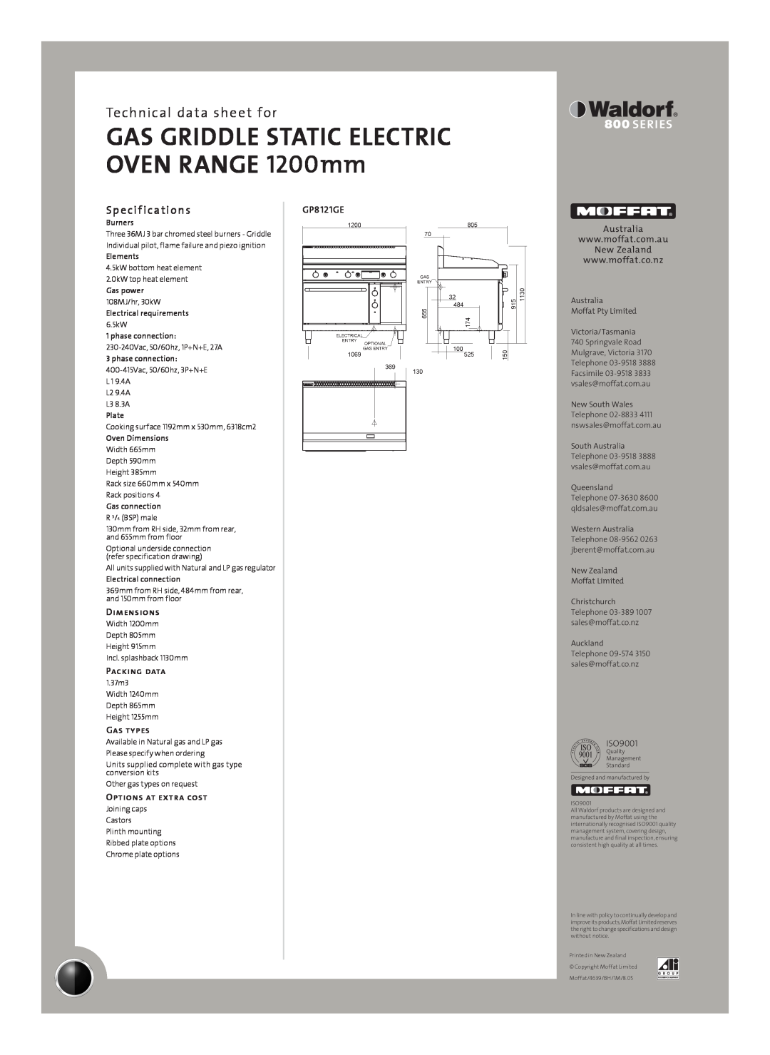 Moffat GP8121GE Sp e cif ications, GAS GRIDDLE STATIC ELECTRIC OVEN RANGE 1200mm, Technical data sheet for, Dimensions 
