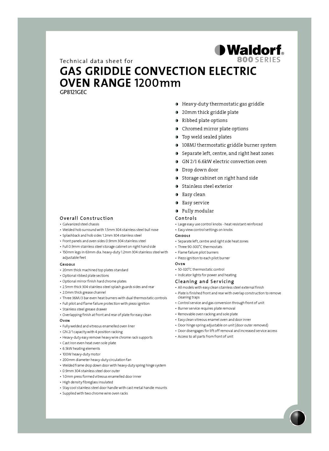 Moffat GP8121GEC manual Overall Construction Controls, Cleaning and Ser vicing, Griddle, Oven 