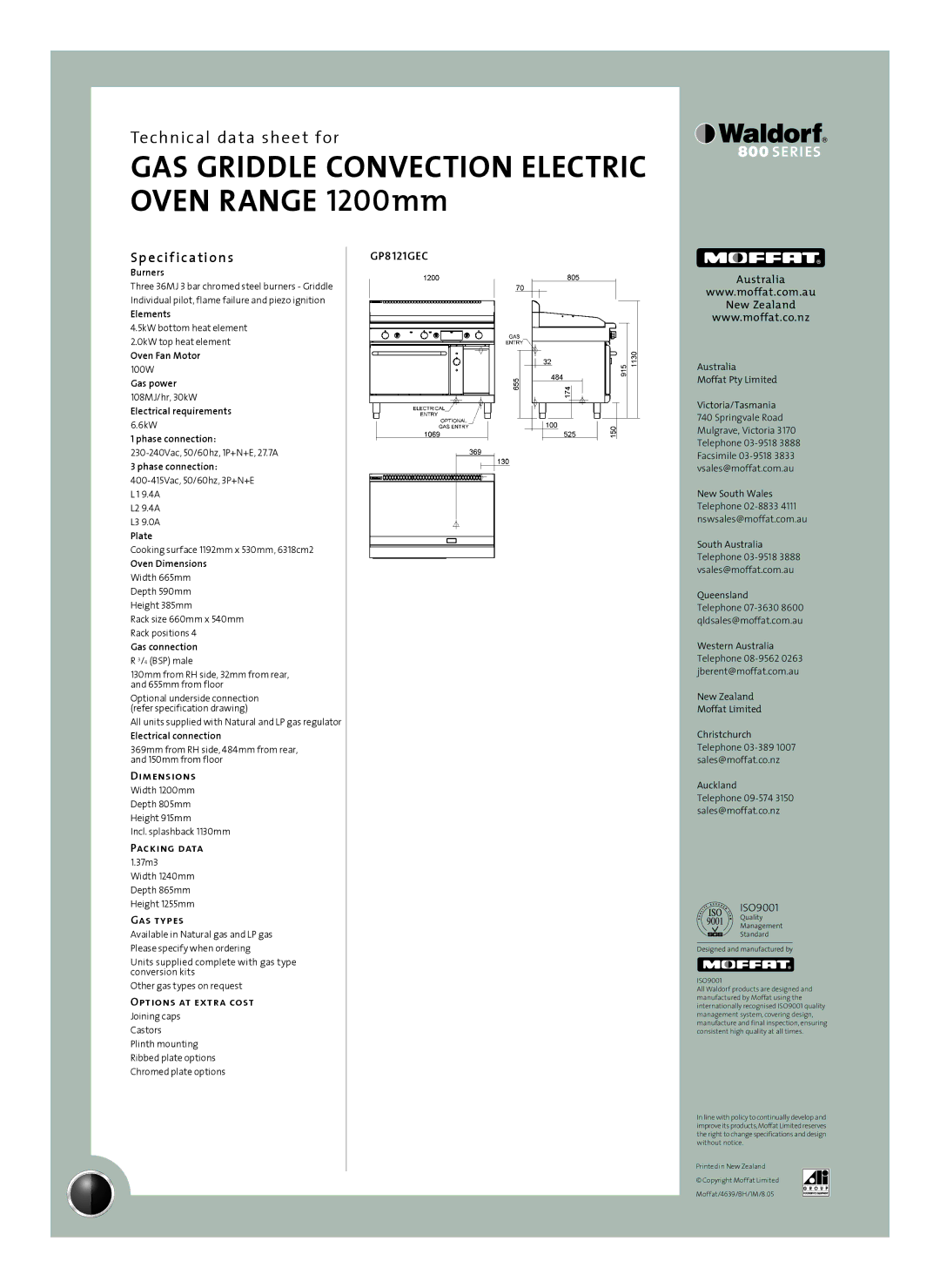 Moffat GP8121GEC manual Sp e cif ications, Dimensions, Packing data, Gas types, Options at extra cost 