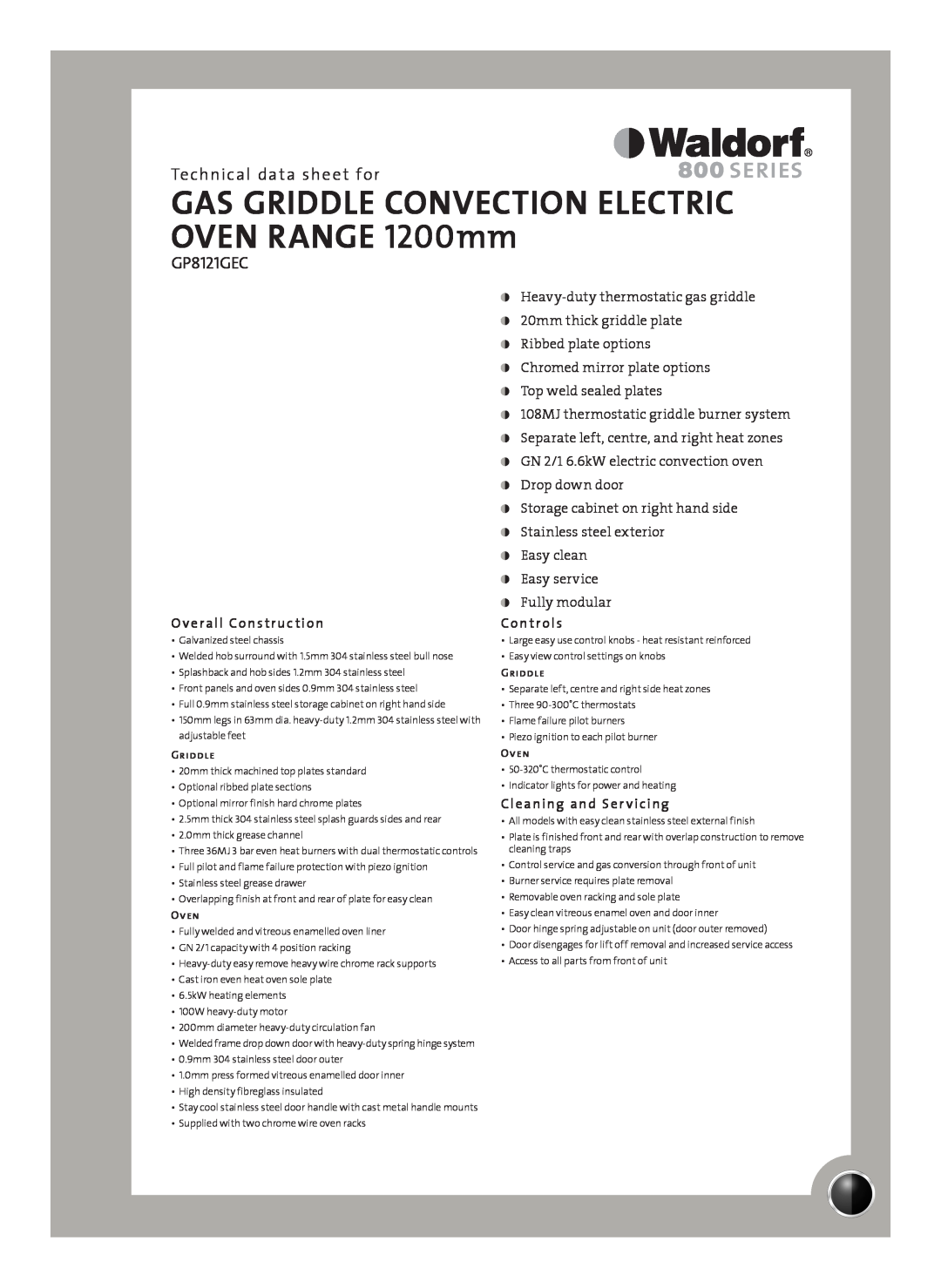 Moffat GP8121GEC manual Technical data sheet for, Overall Construction, Controls, Cleaning and Ser vicing 