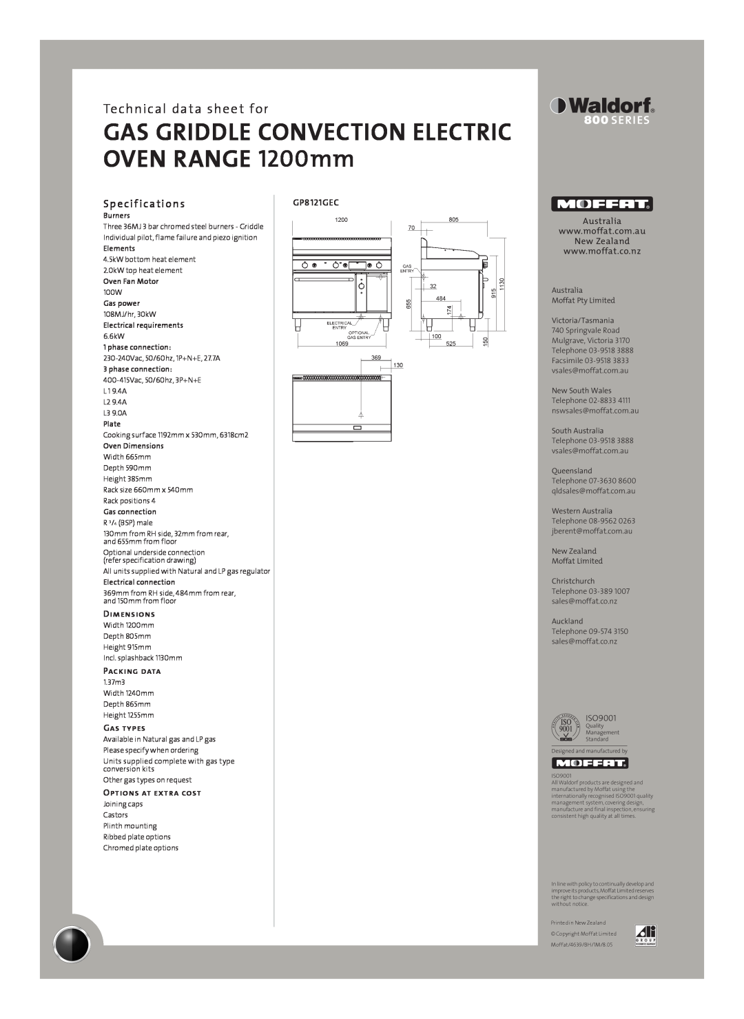 Moffat GP8121GEC Sp e cif ications, GAS GRIDDLE CONVECTION ELECTRIC OVEN RANGE 1200mm, Technical data sheet for, Gas types 