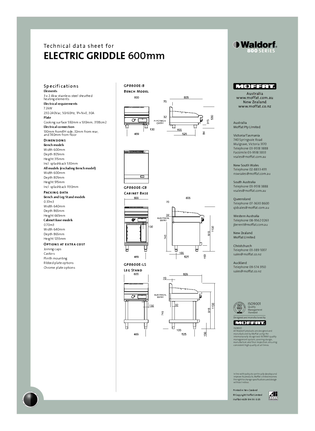 Moffat GP8600E-LS, GP8600E-CB, GP8600E-B manual Sp e cif ications, Dimensions, Packing data, Options at extra cost 